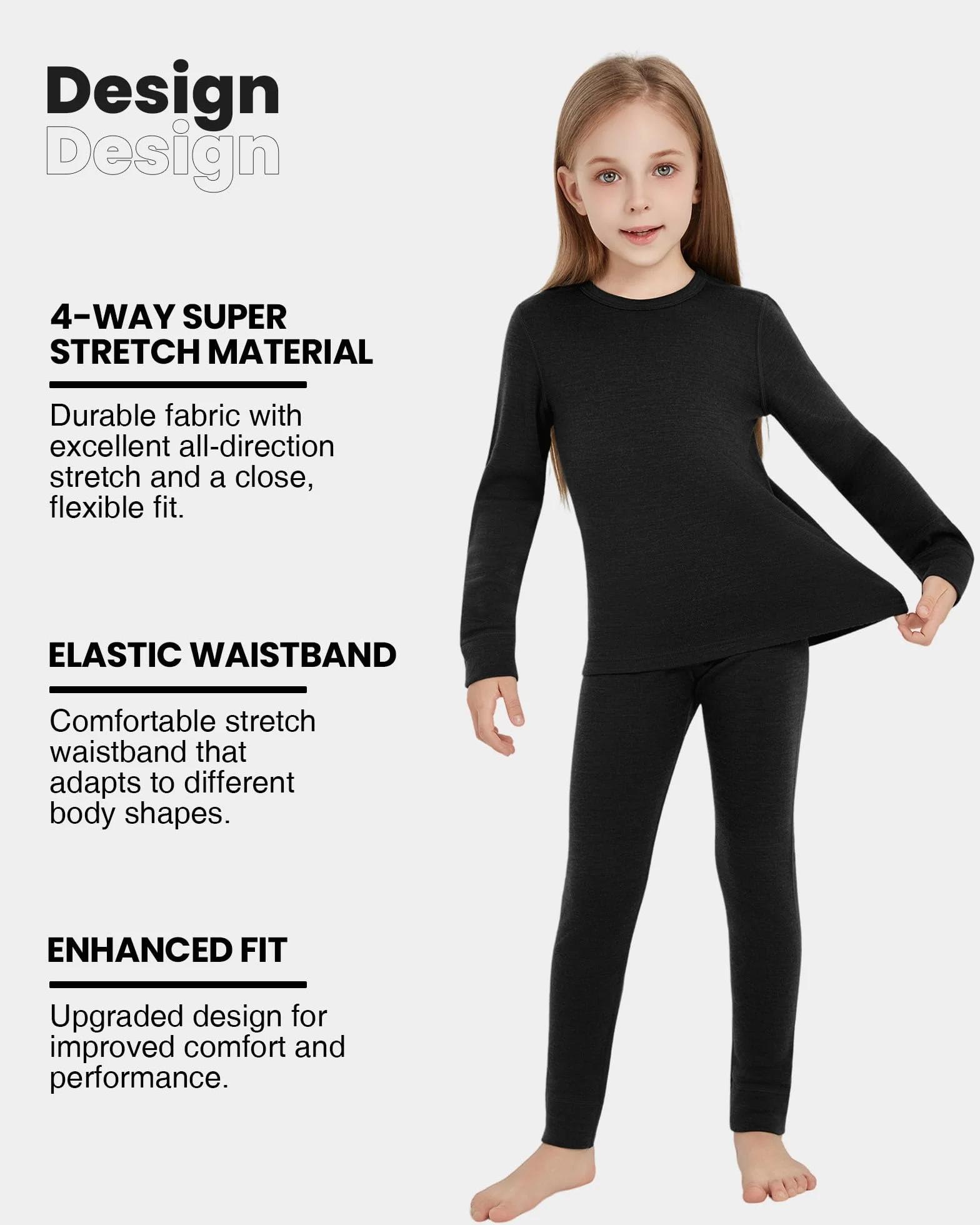 Bielizna termiczna dla dzieci, unisex, 100% wełna z merynosów, zestaw dla chłopców i dziewczynek, bielizna narciarska na zimę, ciepła i wygodna, 260 g/m², czarna 11-12