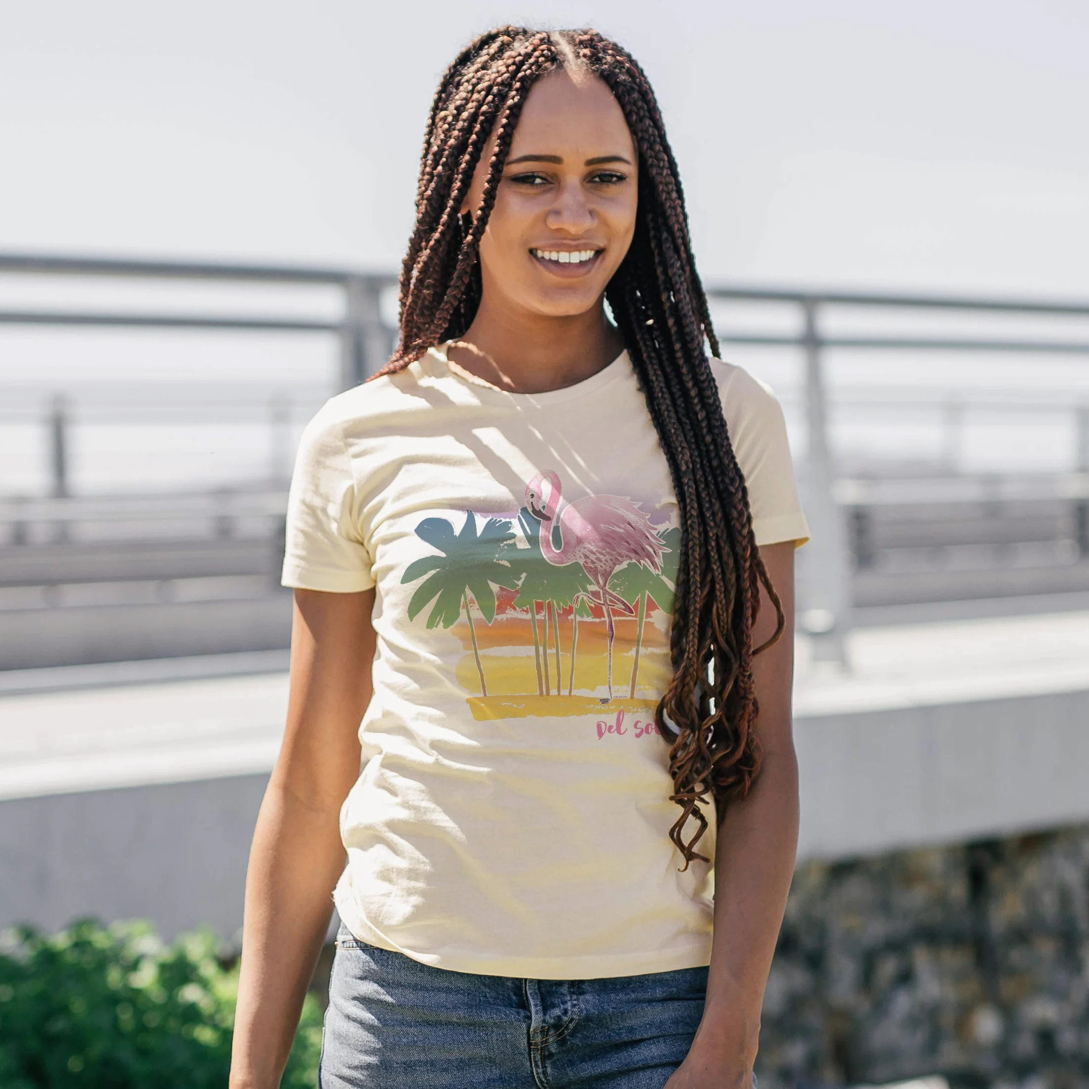 Del Sol Damska koszulka chłopięca - akwarela flaming, naturalny T-shirt - zmienia się z różowego i czarnego na żywe kolory na słońcu - 100% czesana, bawełna ring-spun, cienka koszulka - rozmiar S