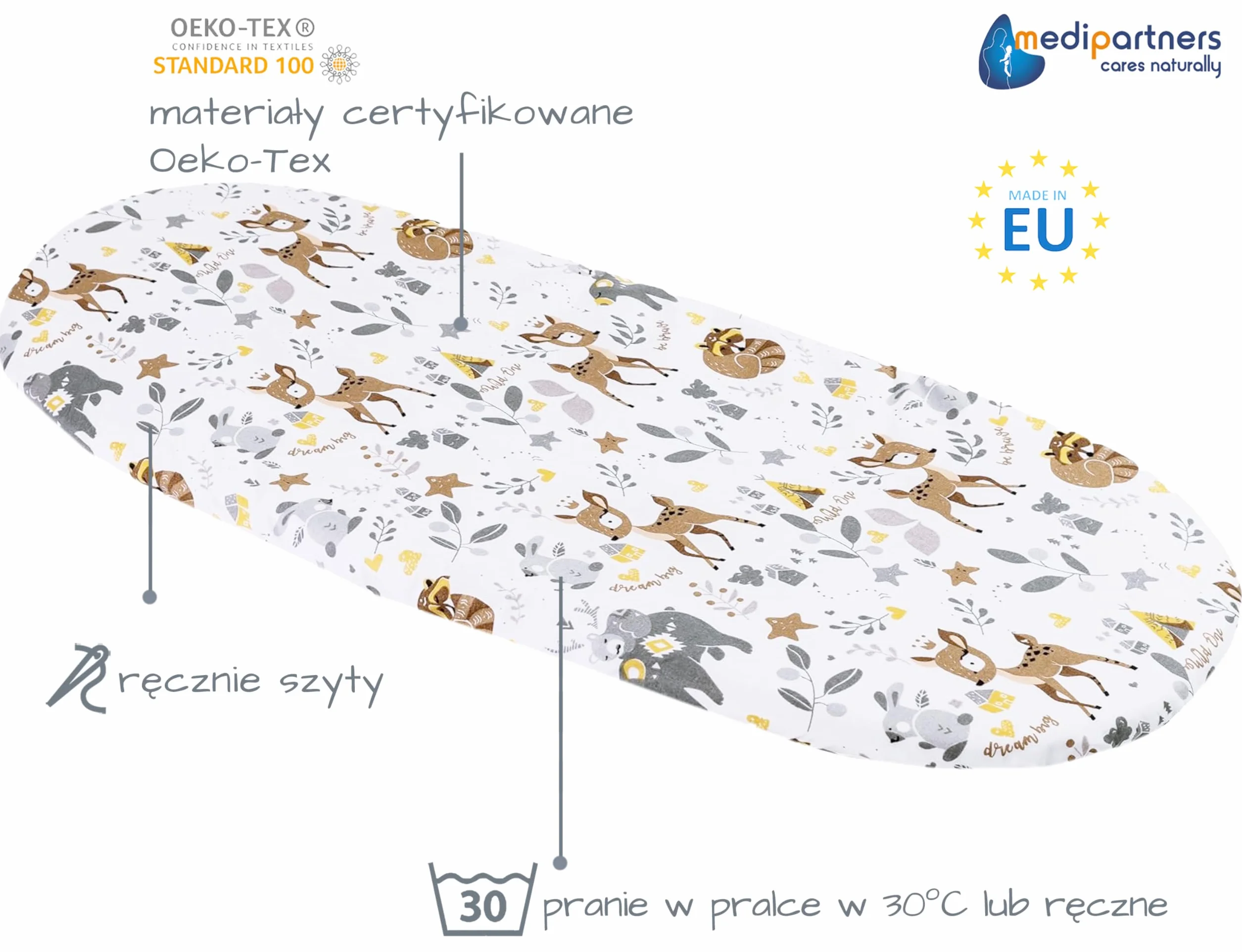 Medi Partners Przescieradlo z gumka do wozka 86x40cm 100% Bawelna Medi Partners Nakladka Ochraniacz na Materac (Jelonki)