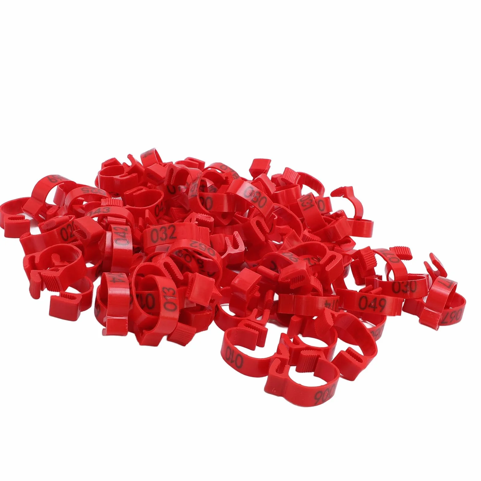100 szt. plastikowych opasek na nogi z identyfikacją kurczaka, 20 mm od 001 do 100 numerowanych pasków na udka drobiu dla kaczek, piskląt, gęsi, ptactwa żółtego, indyka (czerwone)