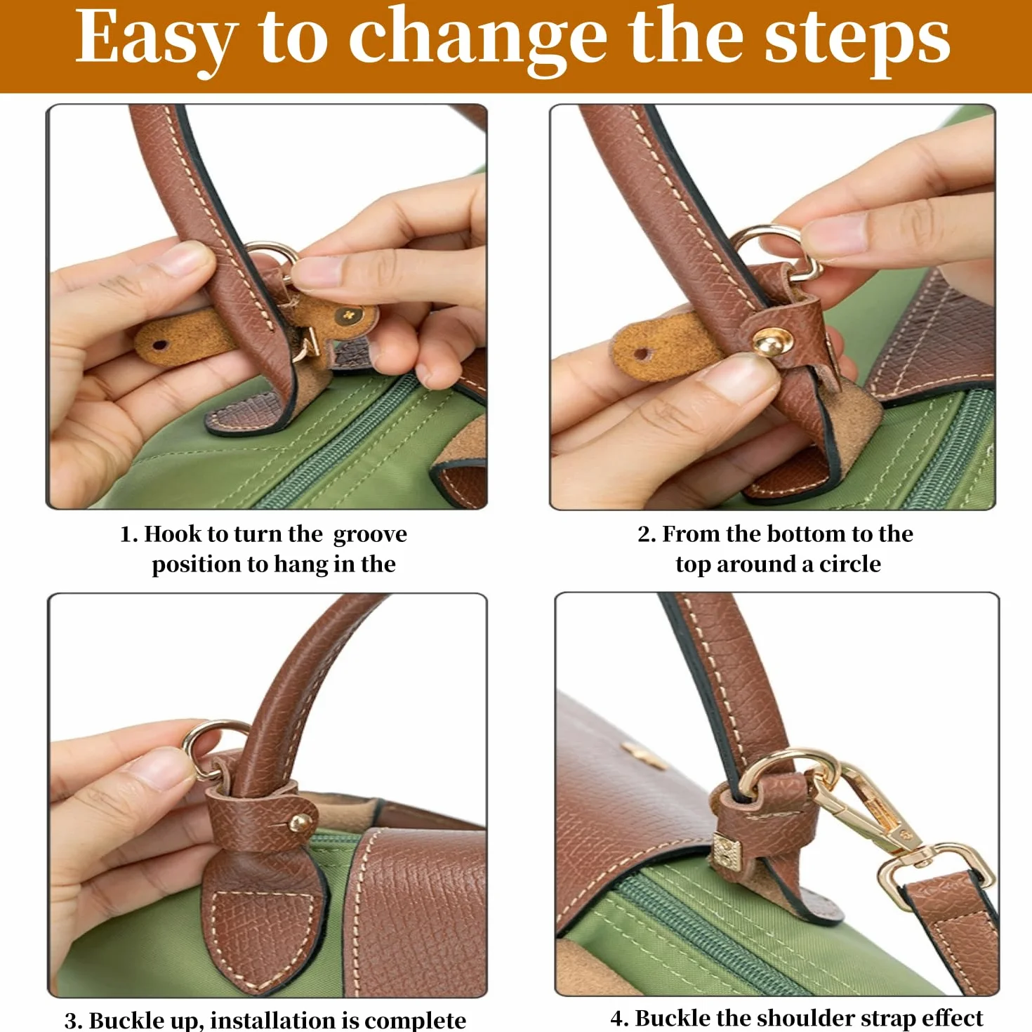 Skórzany pasek na ramię do torebki Longchamp, brązowy, mini Bag Straps z 2 adapterami, 1,2 cm