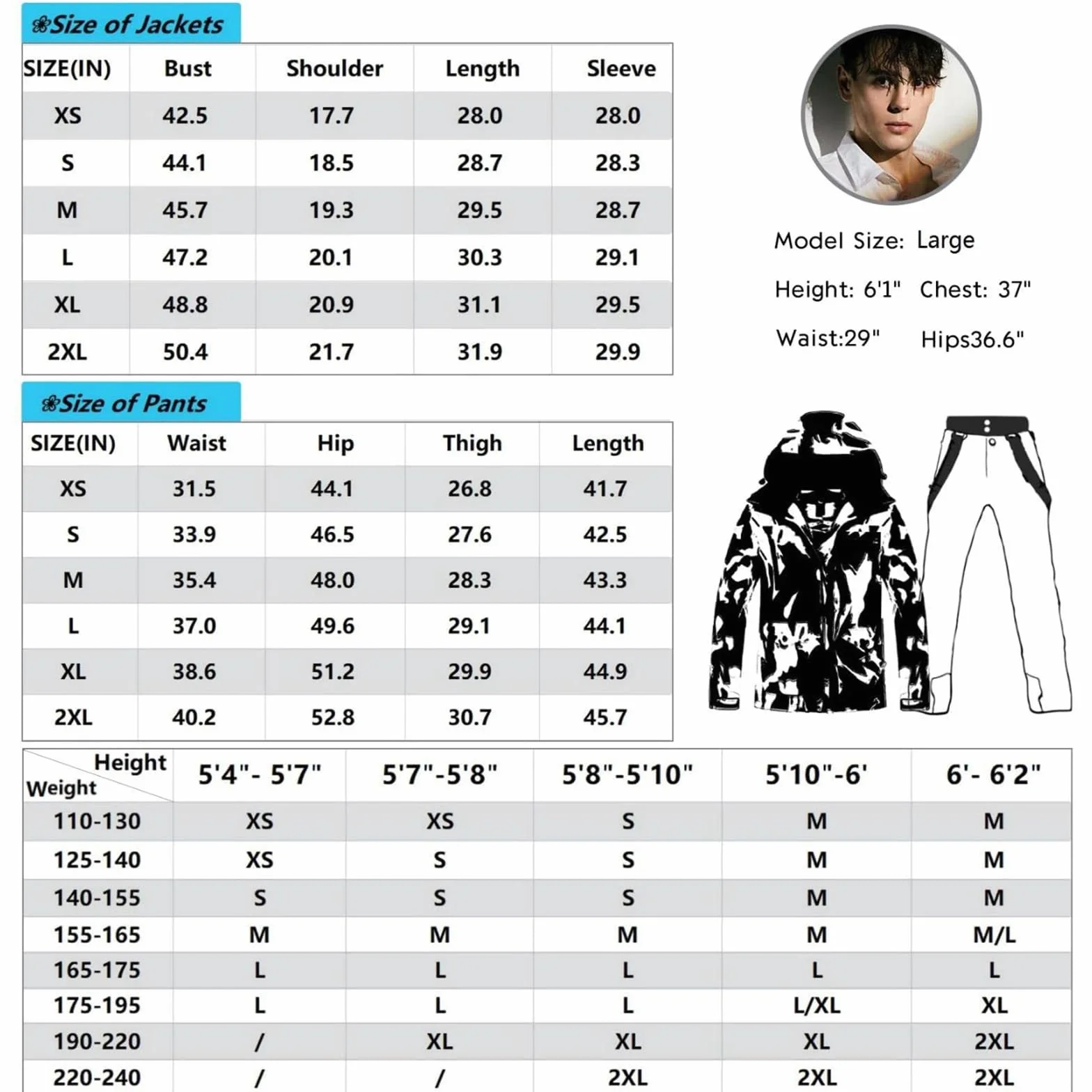 ALSOGO Męski kombinezon narciarski, kurtka i spodnie, zestaw wodoszczelny, kombinezon śniegowy, kurtka snowboardowa, spodnie, odzież narciarska dla mężczyzn