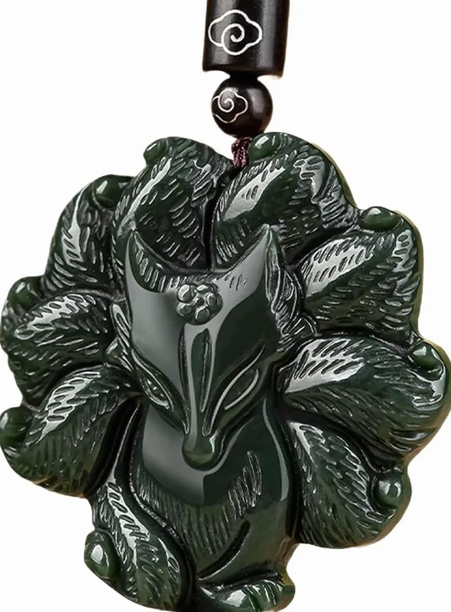 Wisiorek kryształowy naszyjnik ochronny amulet kamień szlachetny agat koralik ciemnozielony dziewięciogoniasty lis