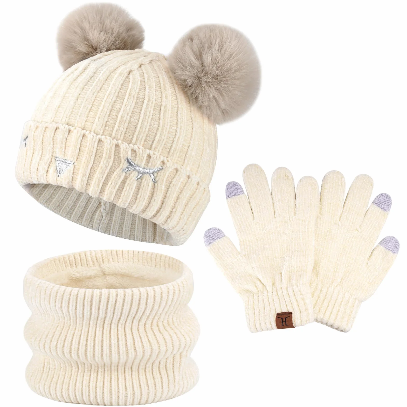 Bequemer Laden Dla chłopców i dziewczynek, zimowa ciepła czapka beanie, szalik, komin i ekran dotykowy, zestaw rękawiczek z podszewką polarową, dla dzieci w wieku 3-10 lat, biały, jeden rozmiar