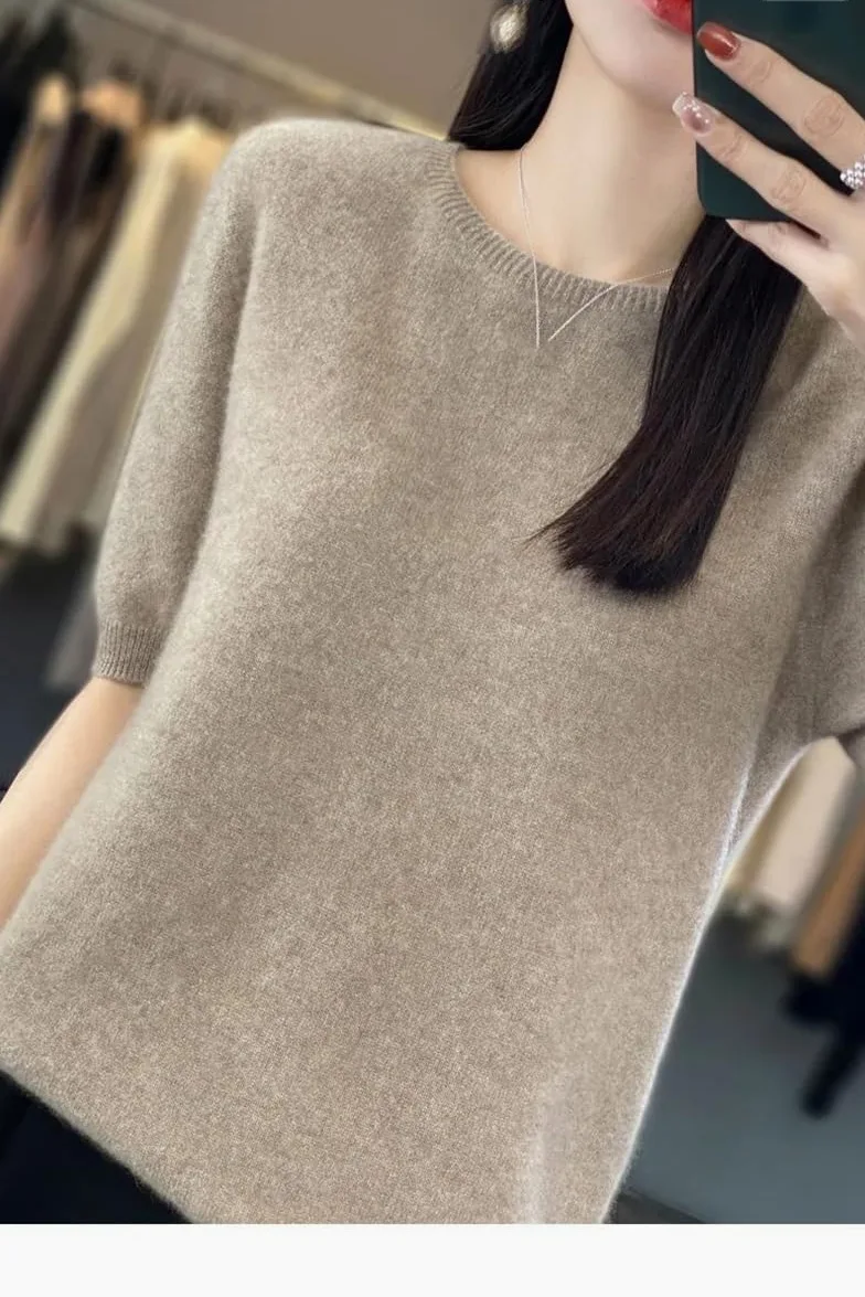 Damski sweter z okrągłym dekoltem z krótkim rękawem, wyszczuplający sweter z dzianiny