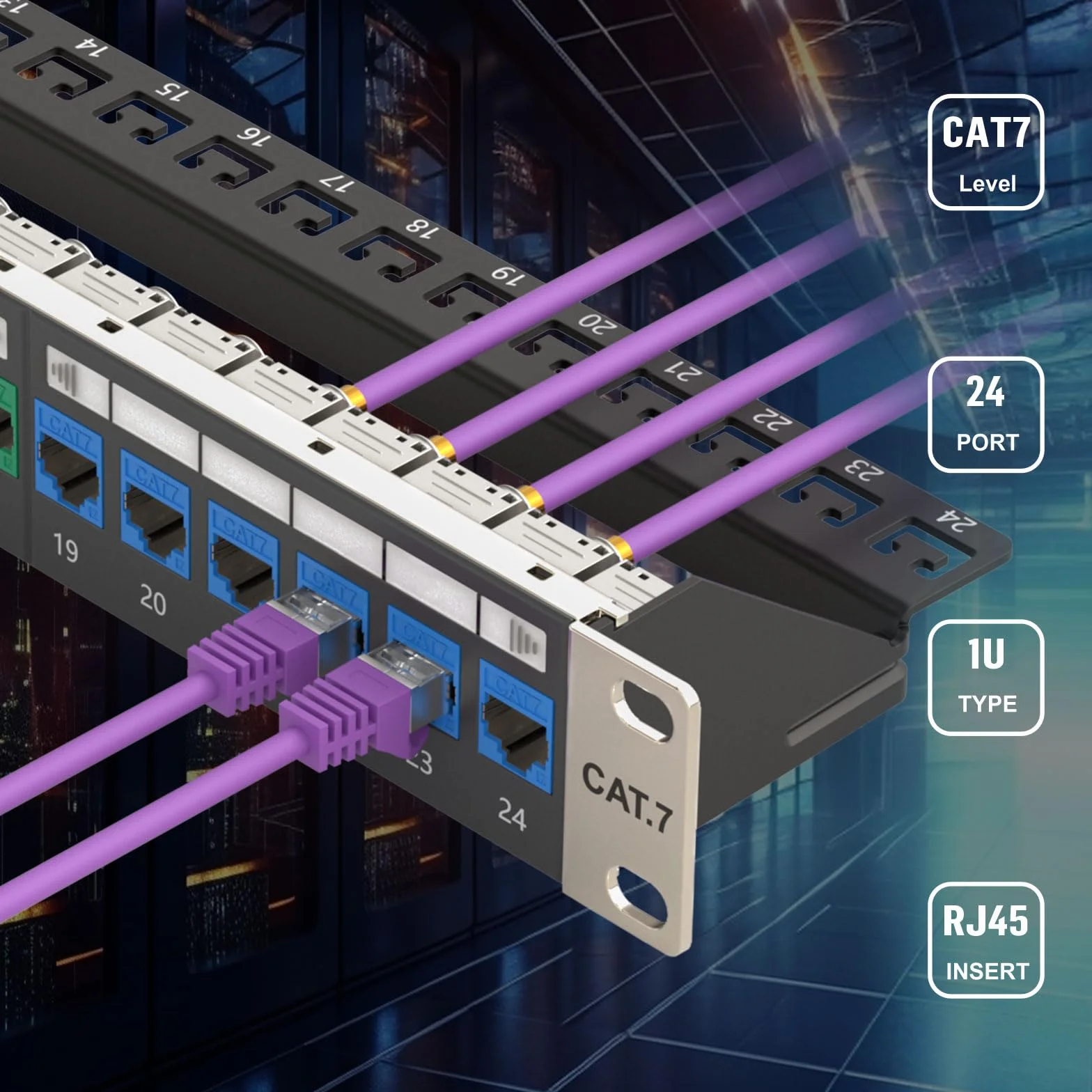 FGB Panel krosowy 10 Gbps 24 porty CAT7 24 x kolorowe moduły Cat7 Keystone, 19" montaż w stelażu RJ45 LAN Sieć 600 MHz kabel instalacyjny do przełączników sieciowych Gigabit