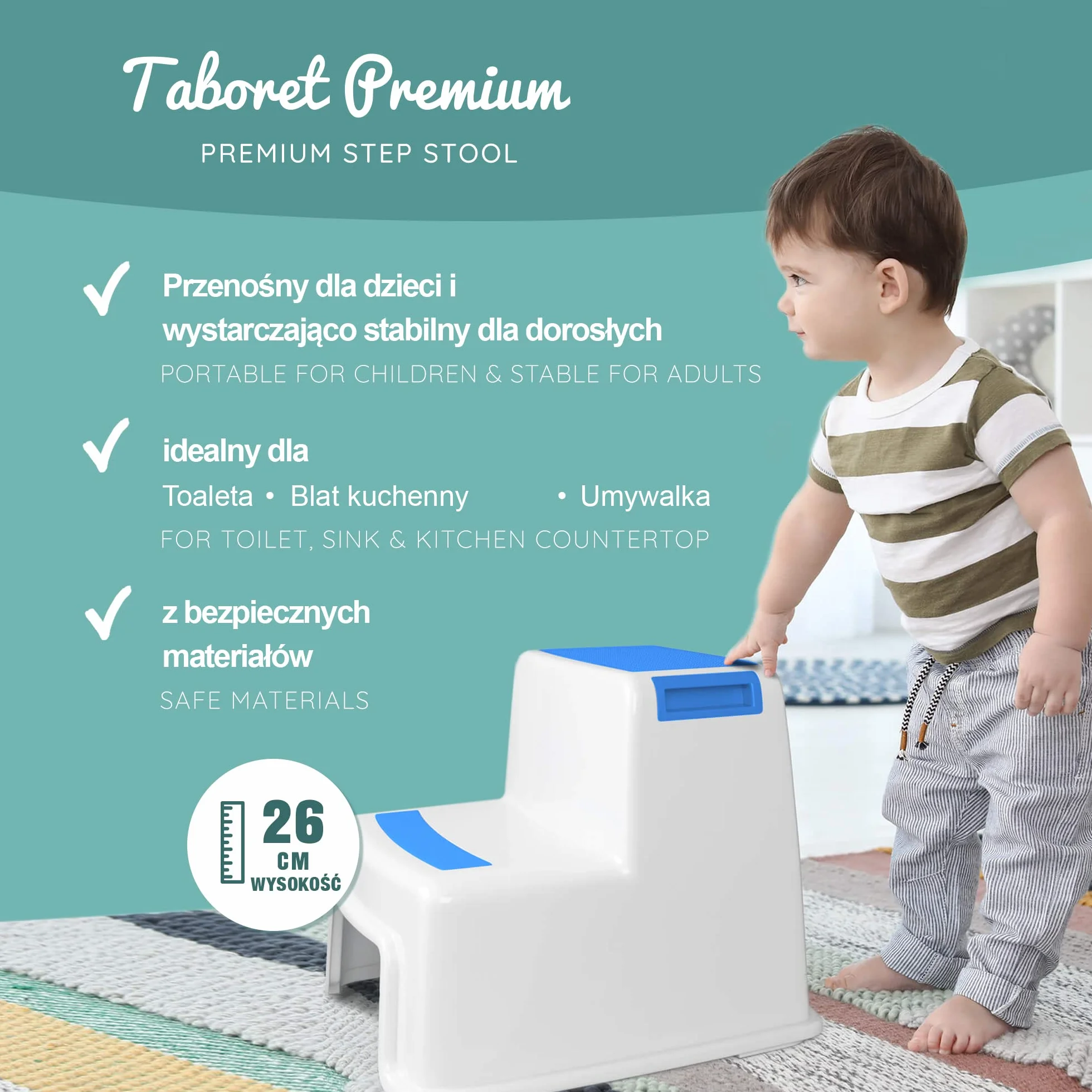Beartop podnóżek do stawania klasy premium, bardzo stabilny (do 100 kg), z 2 stopniami, powłoka antypoślizgowa, wysokość 26 cm, taboret dla dzieci, schodek dla dzieci, podnóżek dla dzieci, podnóżek