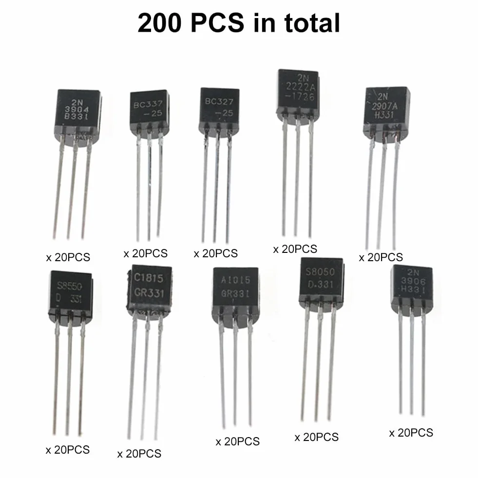 Uniwersalne tranzystory, tranzystory Potencia, tranzystory BJT, tranzystory mocy, 200 sztuk, ze schowkiem, BC337 BC327 2N2222 2N2907 2N3904 2N3906 S8050 S8550 A1015 C115 C111 815