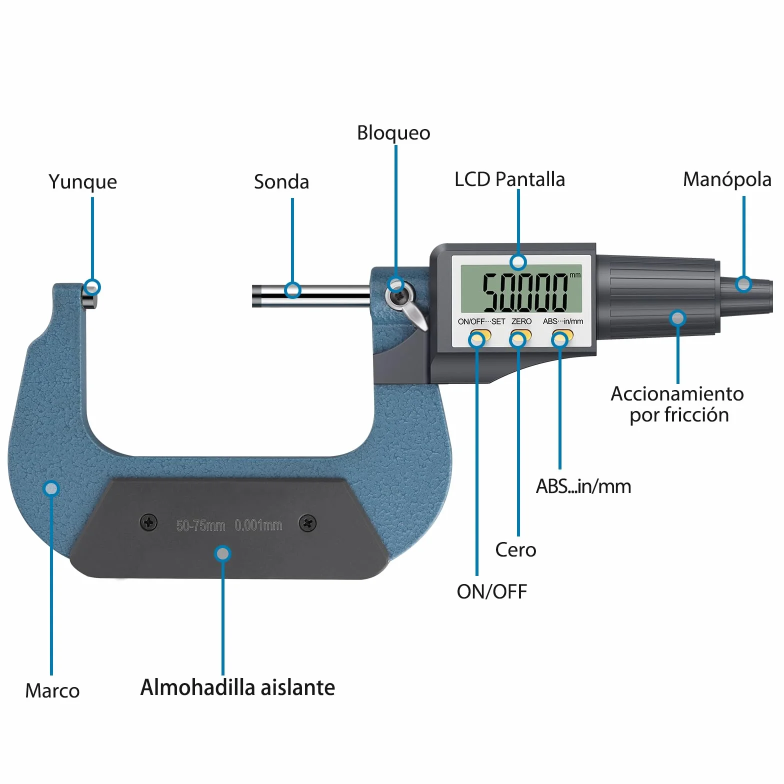 AUTOUTLET Mikrometr cyfrowy mikrometr zewnętrzny 50-75 mm / 0,001 mm, precyzyjny cyfrowy mikrometr LCD suwmiarka do pomiaru długości mikrometr 0,001 mm (0,00005 cala)