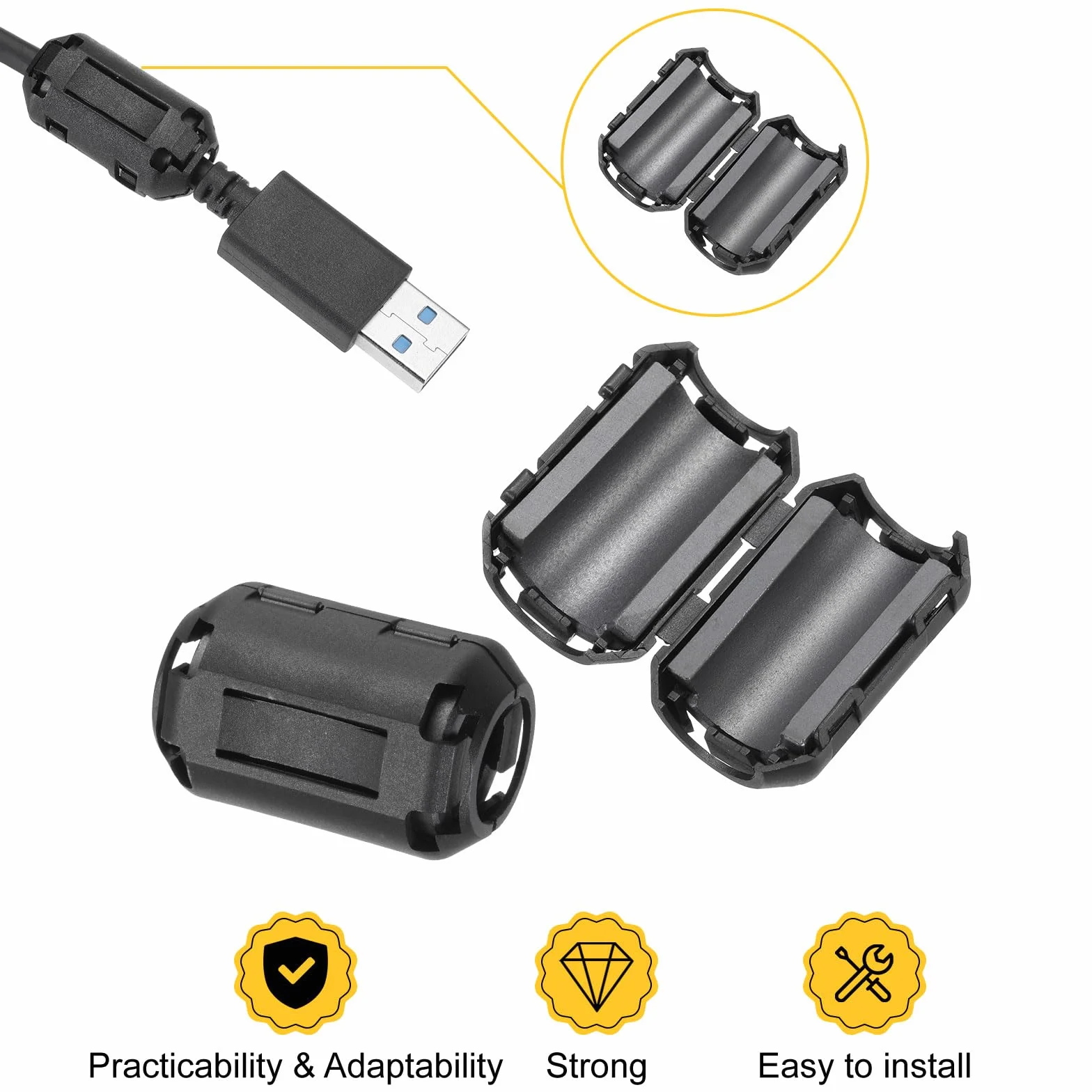 QUARKZMAN 30 sztuk 5 rozmiarów Clip-on Ferrite Ring Core, Zacisk ferrytowy EMI RFI do kabli 3,5 mm/5 mm/7 mm/9 mm/13 mm średnica, czarny