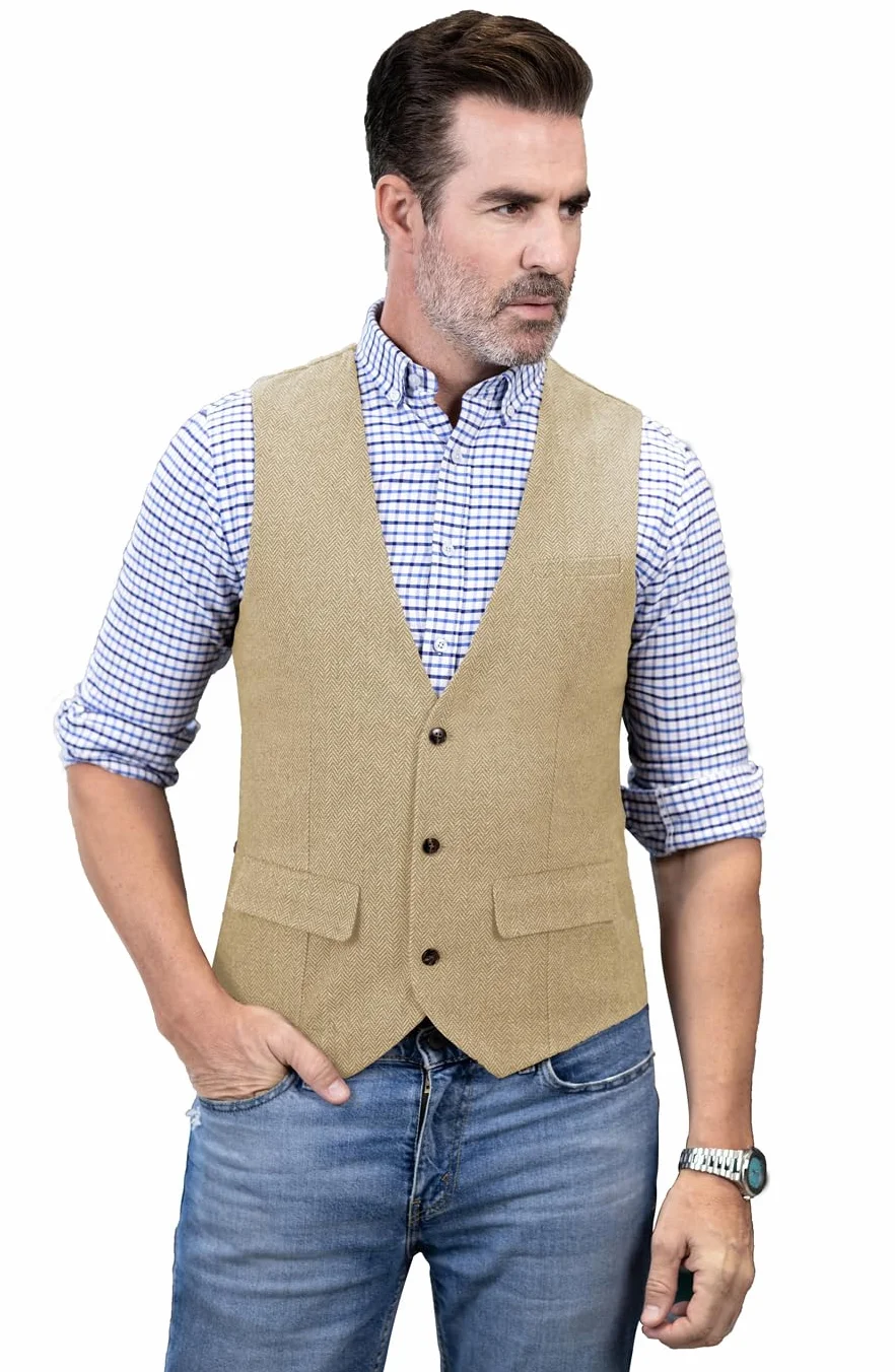 Męska kamizelka w jodełkę, wełniana, tweedowa, dekolt w serek, slim fit, sukienka z 3 kieszeniami, kamizelka na ślub, studniówkę, do biznesu