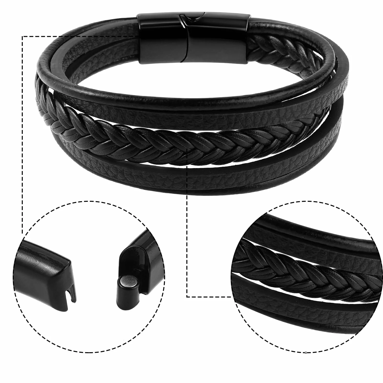 Yolev Męska skórzana bransoletka pleciona ze stali nierdzewnej, bransoletki męskie skórzane ze stalowym przyciskiem magnetycznym, bracciale pelle uomo