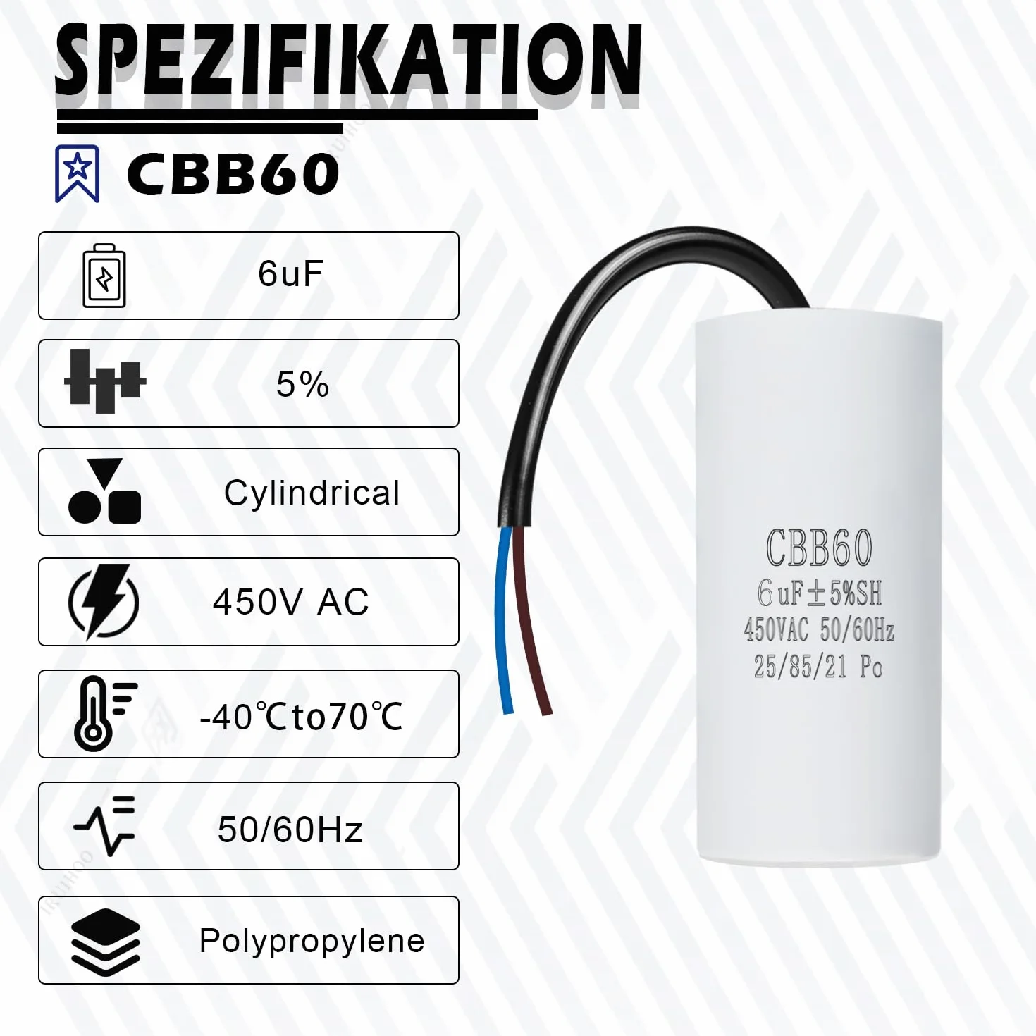 Iruihoo CBB60 450V 6uf 50/60Hz kondensator rozruchowy, kondensator pracy silnika, kondensator przeciwzakłóceniowy rozruchowy silnika, kondensator mikrofaradowy z przewodem