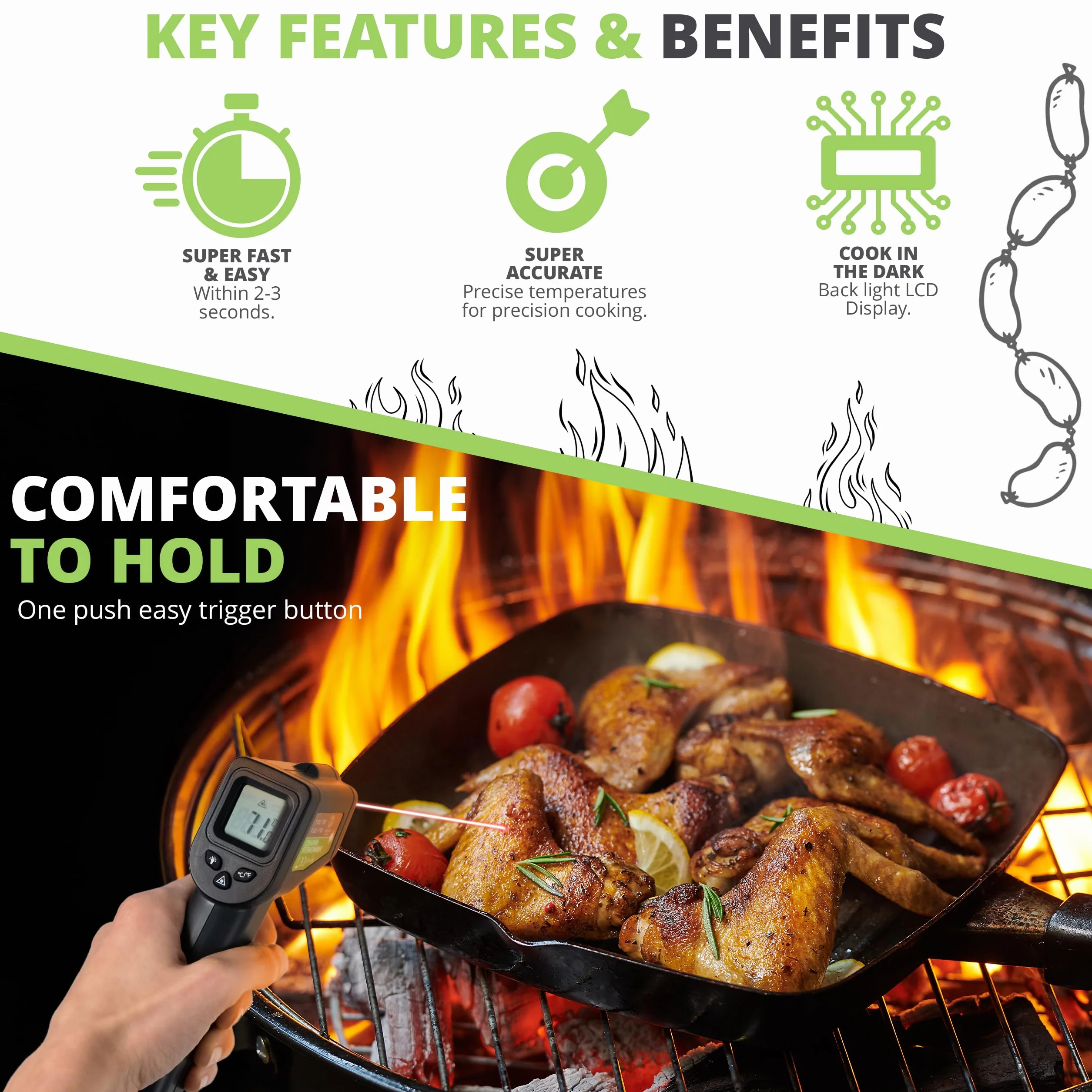 Oliver's Kitchen ® Infrared Thermometer - User-Friendly - Measure Temperature with Precision - Perfect for Pizza Ovens - Ergonomic Grip - Batteries Included