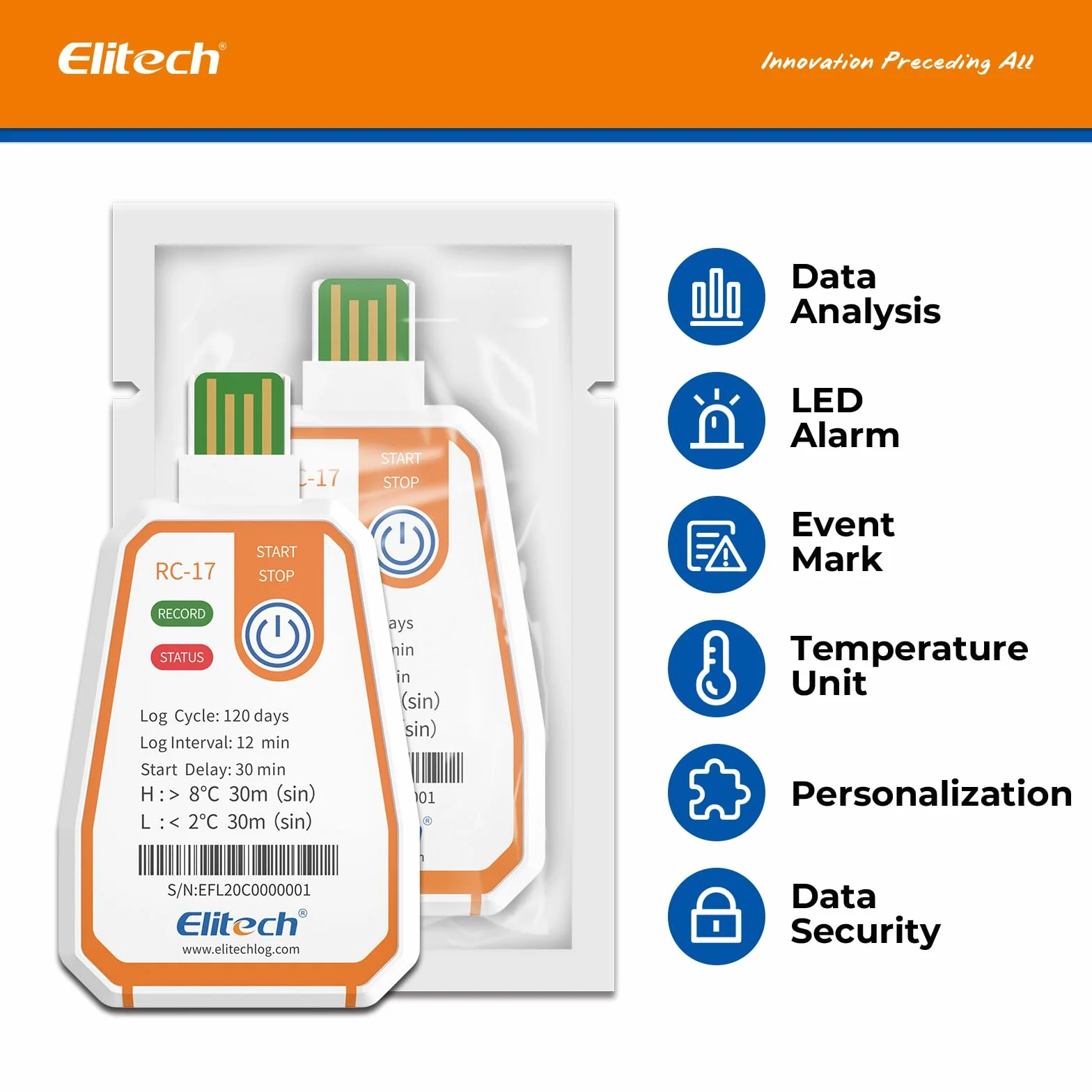 Elitech RC-17 Jednorazowy rejestrator temperatury USB 180 dni ciągłe nagrywanie 16000 rekordów w zakresie żywności leczniczej i łańcuchów chłodzących ze szczepionką, funkcja alarmu, ochrona IP67