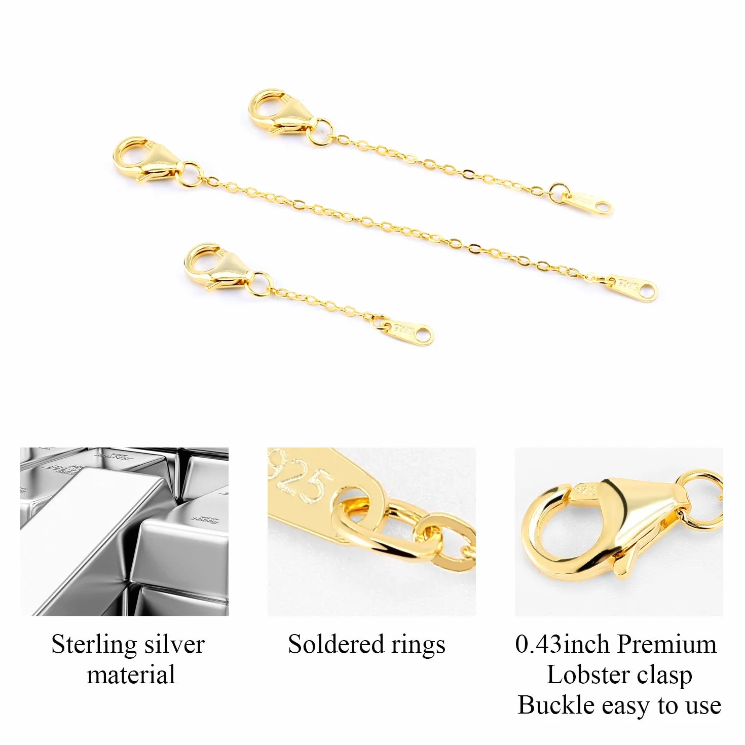 ALEXCRAFT Przedłużacz naszyjnika, pozłacany, srebro wysokiej próby 925, 3 szt., przedłużka łańcuszka, choker, bransoletka przedłużająca do produkcji biżuterii (3 x 3 cale)