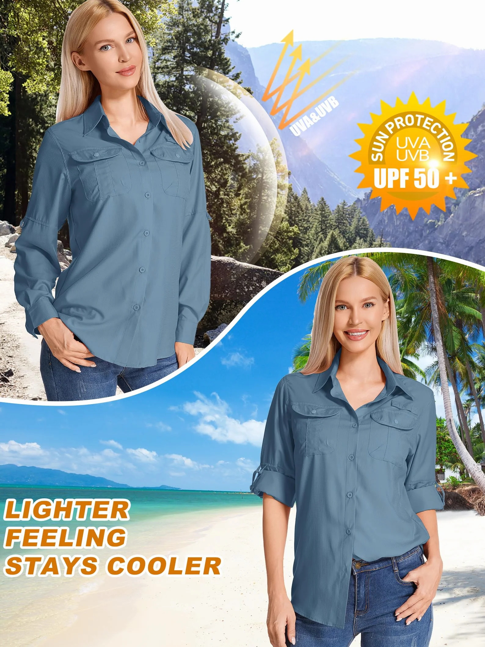 Koszula Damska Outdoor Długi Rękaw UPF 50+ Ochrona UV - Oddychająca i Szybkoschnąca Koszula Funkcjonalna do Turystyki, Wędrówek, Safari, Wędkarstwa, Golfa, Podróży i Sportu