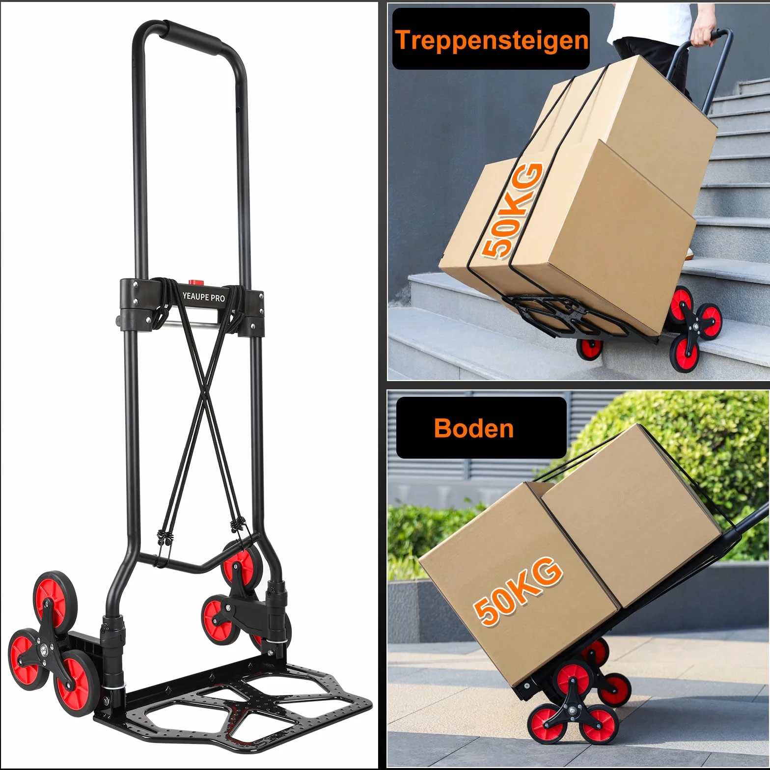 YEAUPE PRO Wózek transportowy, udźwig 80-100 kg, składany wózek transportowy, regulacja wysokości i wchodzenie po schodach do przeprowadzki i ciężkich przedmiotów, wózek schodowy z 2 linami