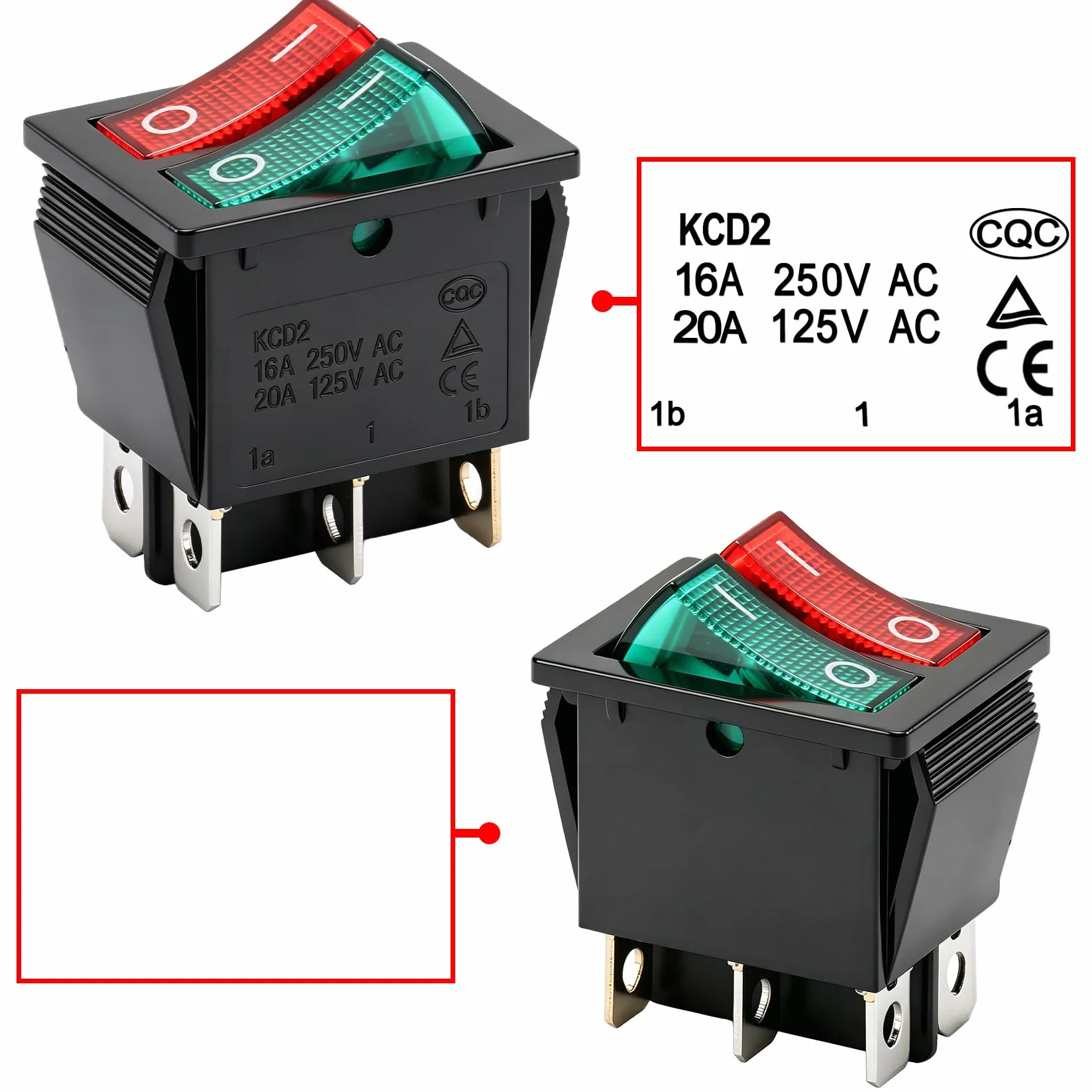 Heschen Podwójny przełącznik kołyskowy, ON-OFF, SPST, 6 zacisków, czerwone zielone światło, 16 A 250 V AC, 2 szt