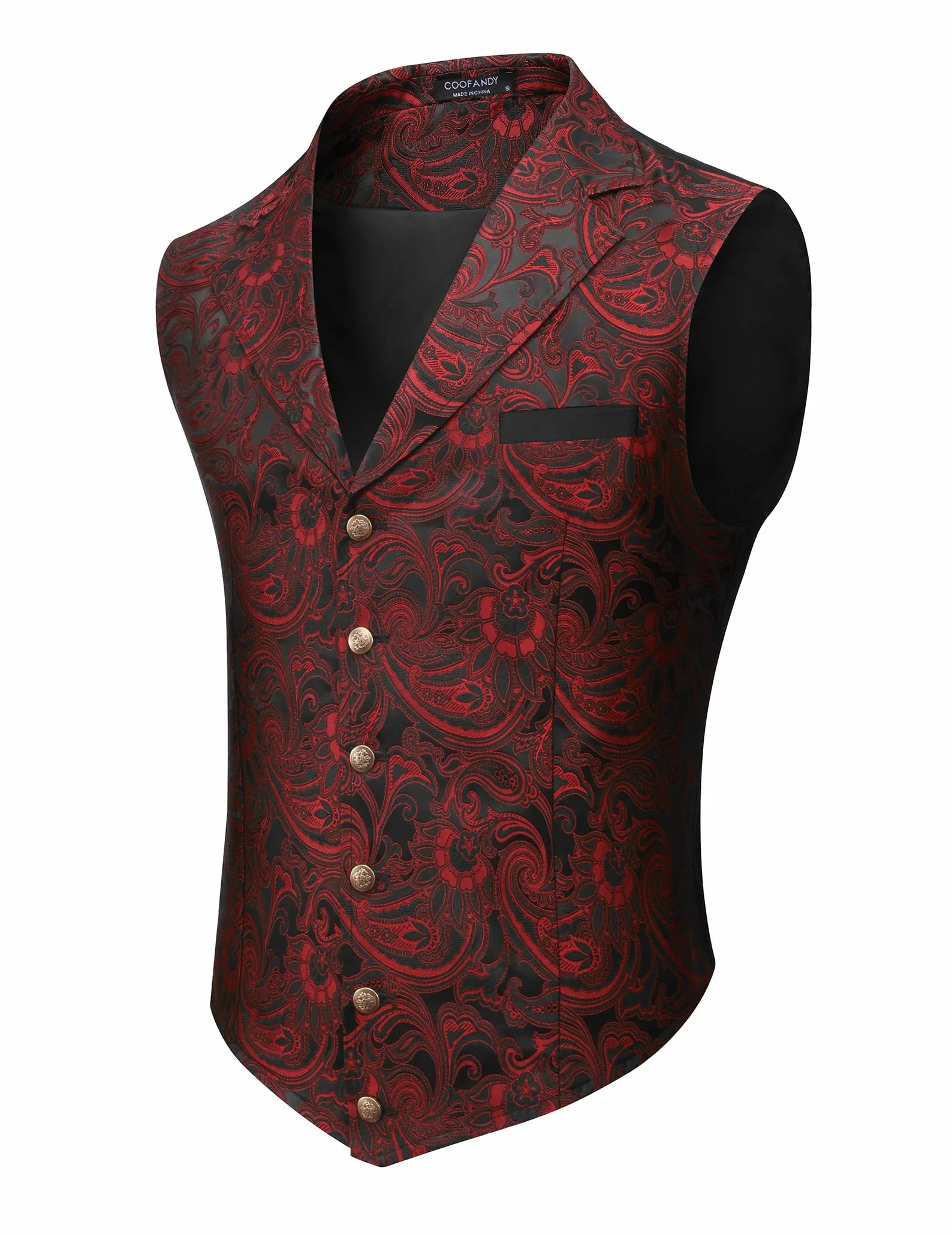 COOFANDY Men Suit Vest Paisley Floral Steampunk Vest Tuxedo Vests Formal Waistcoat with Notch Lapels Wine Red, Medium