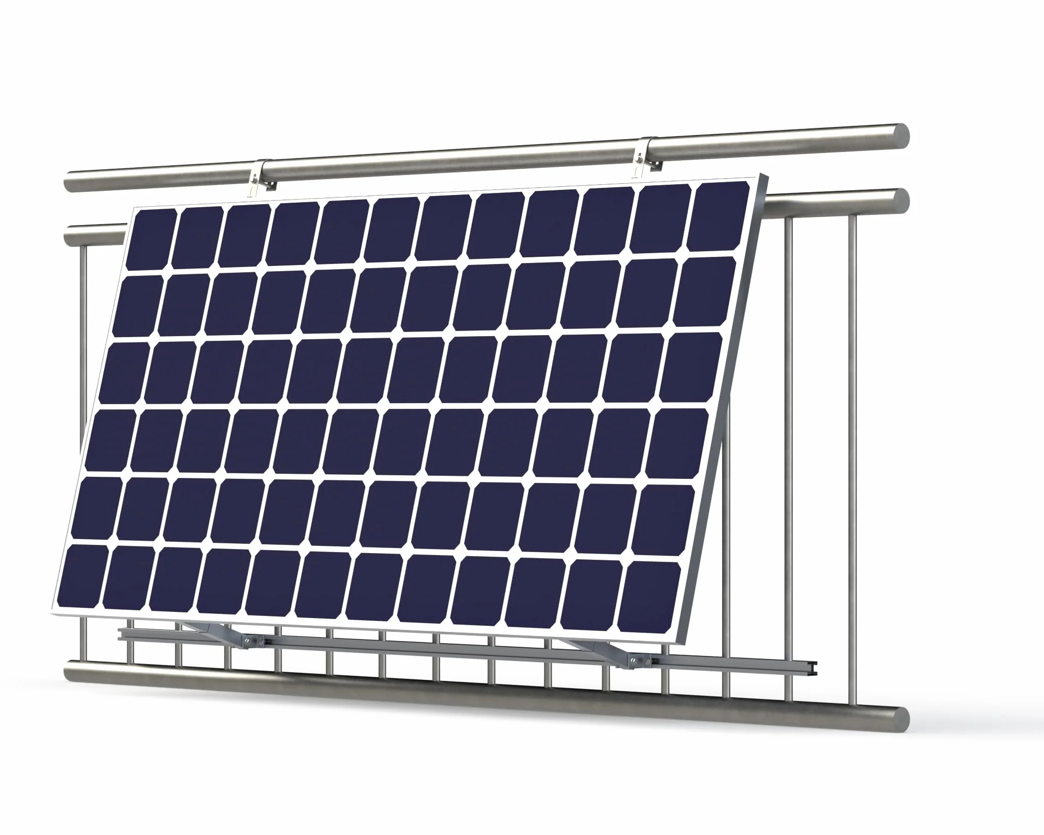 Fotowoltaiczny uchwyt do elektrowni balkonowej, wspornik modułu solarnego, mocowanie do balustrady balkonowej 10-30° średnicy do 80 mm, srebrny (zestaw 2 paneli na okrągłe balustrady