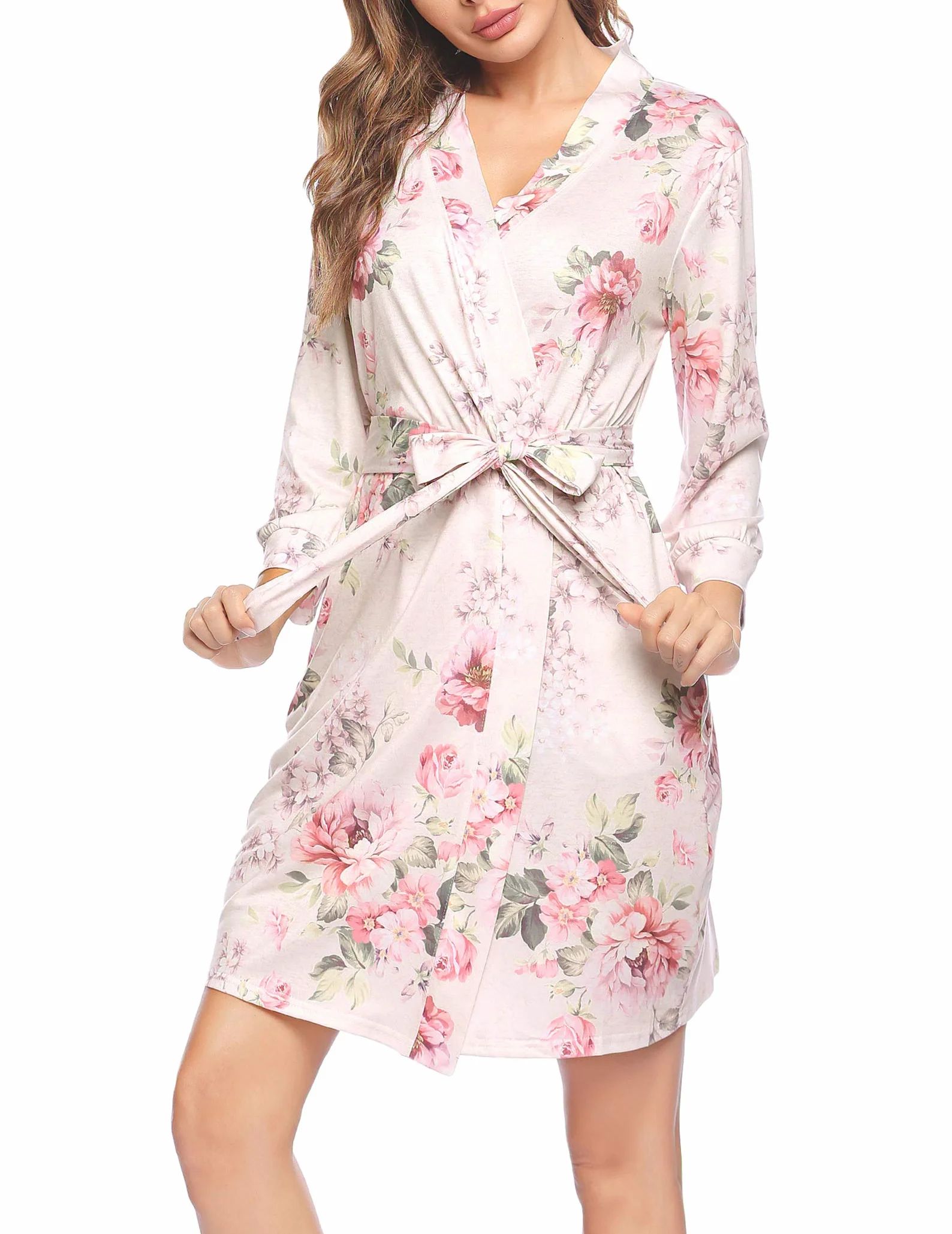 Ekouaer Szlafrok damski krótki dzianinowy kimono z kieszeniami