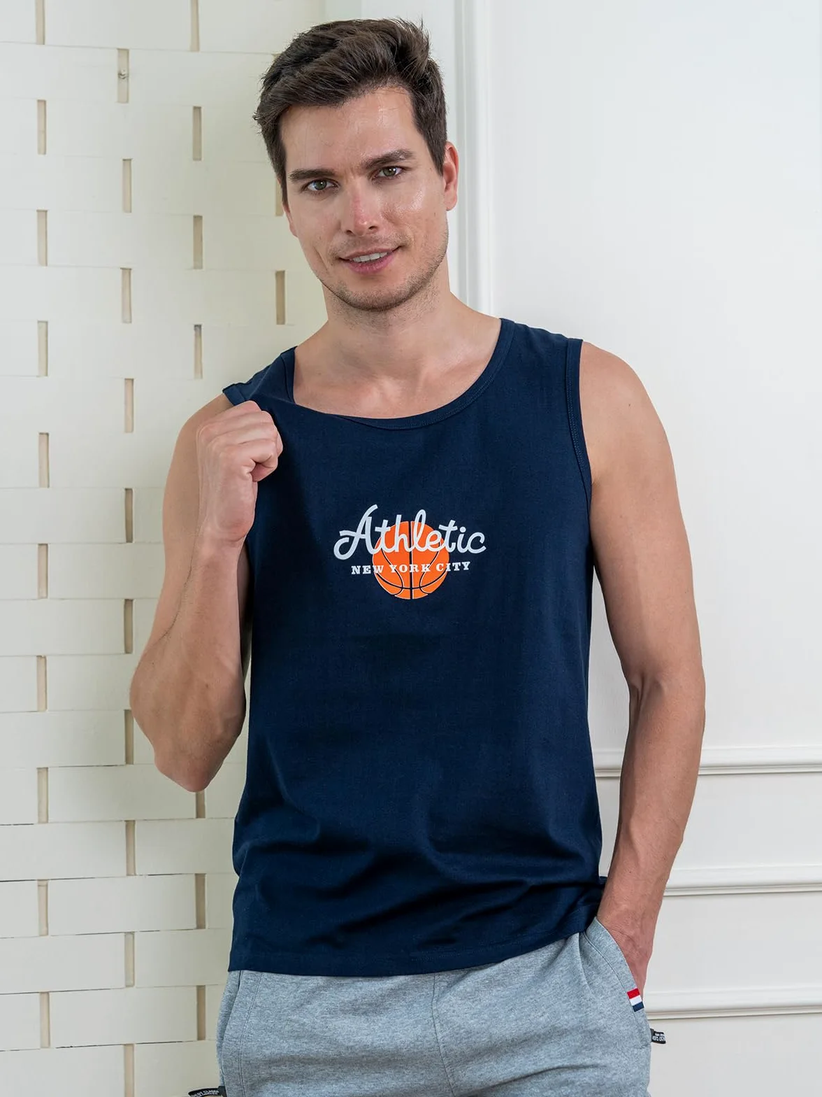 Lux Cozi Męski tank top z bawełny, normalny krój, z nadrukiem, okrągły dekolt, tang top