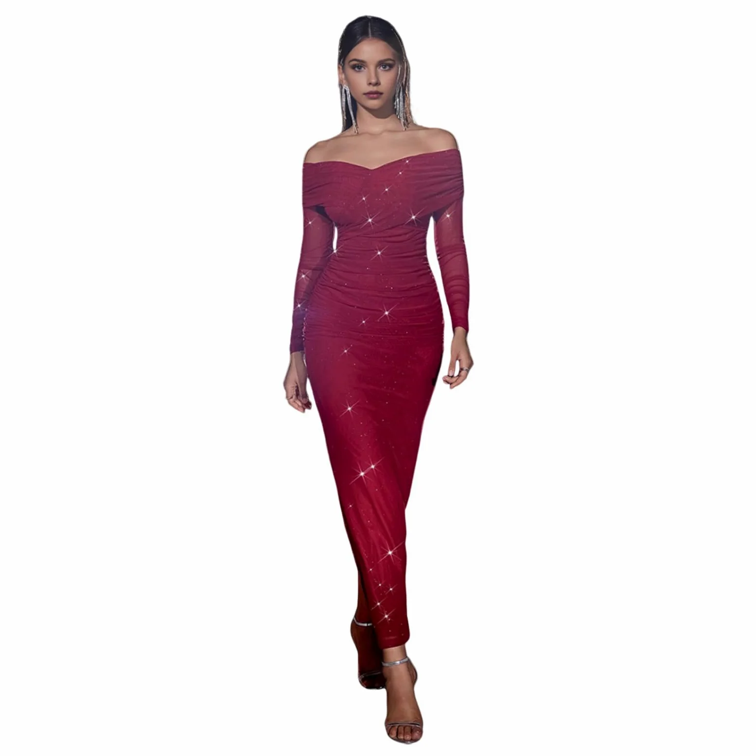 Sukienka wieczorowa maxi z odsłoniętymi ramionami, z długim rękawem, siateczkowa, patchworkowa, bandeau, slim fit, plisowana formalna sukienka na studniówkę, wesele, przyjęcie koktajlowe