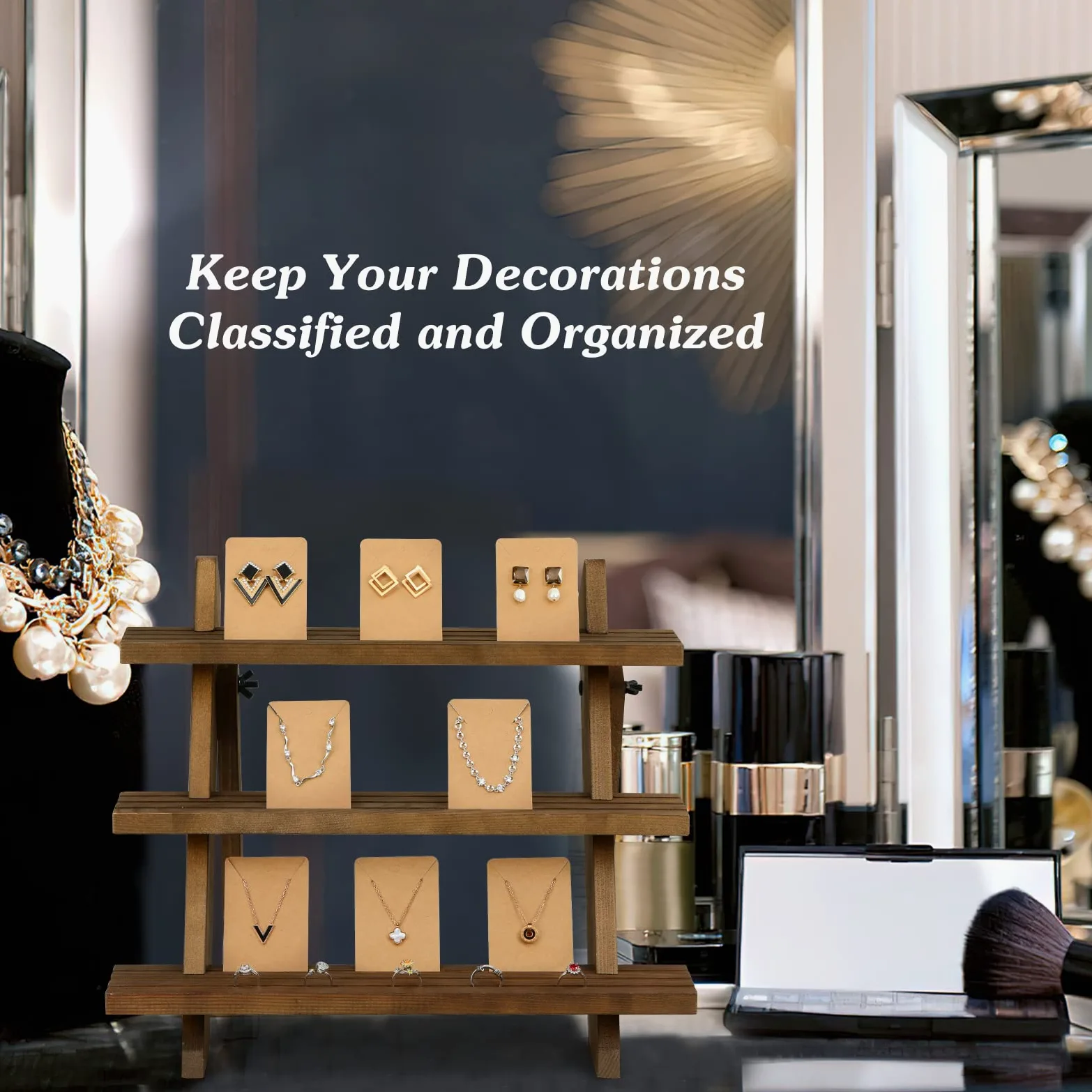 Emibele 3-Tier Wooden Earring & Ring Holder Organizer, Cascading Showcase Jewelry Stand, Brown