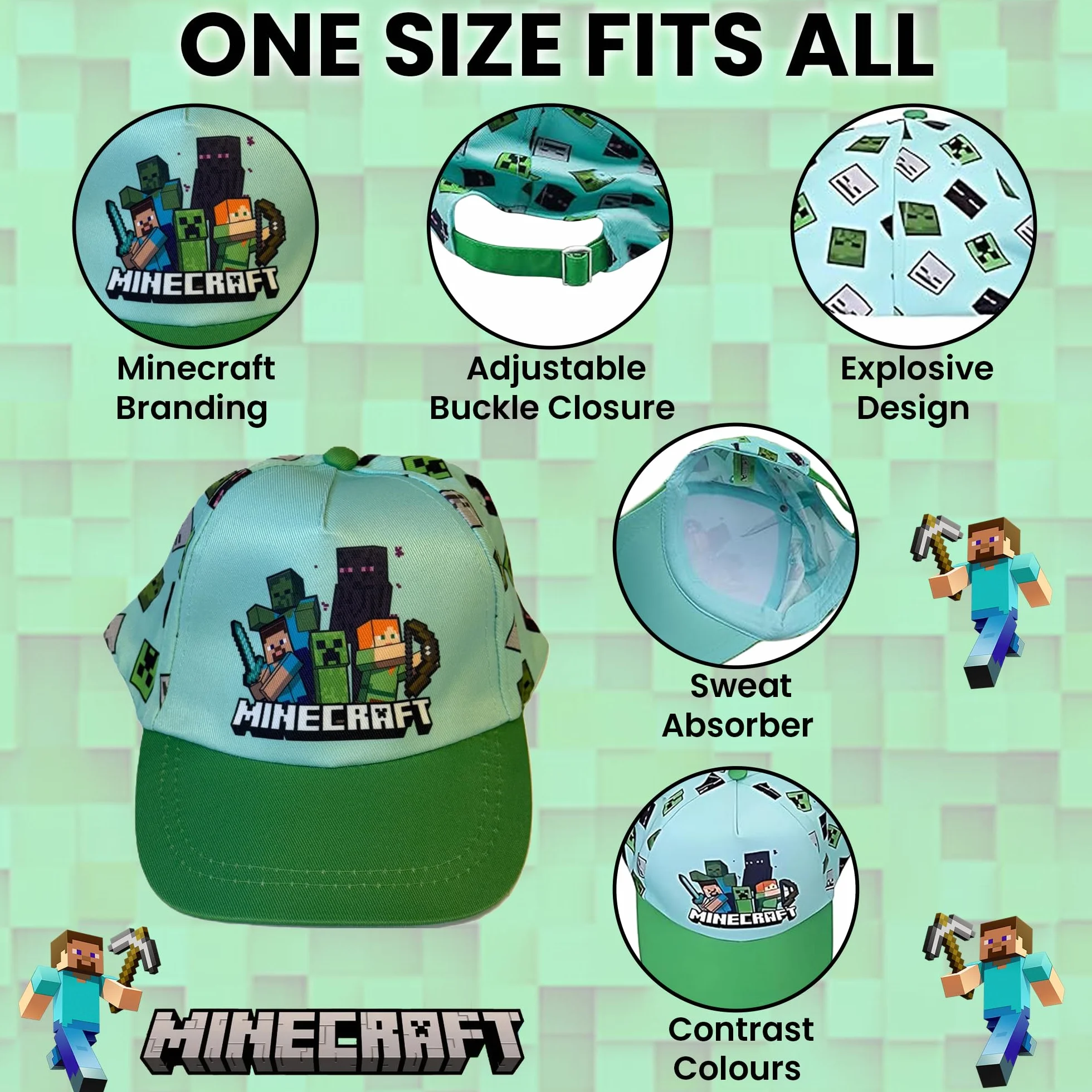 Toys & Gamers Czapka Minecraft i bezpłatny zestaw okularów przeciwsłonecznych, jasnoniebieski i zielony, akcesoria postaci dla dzieci