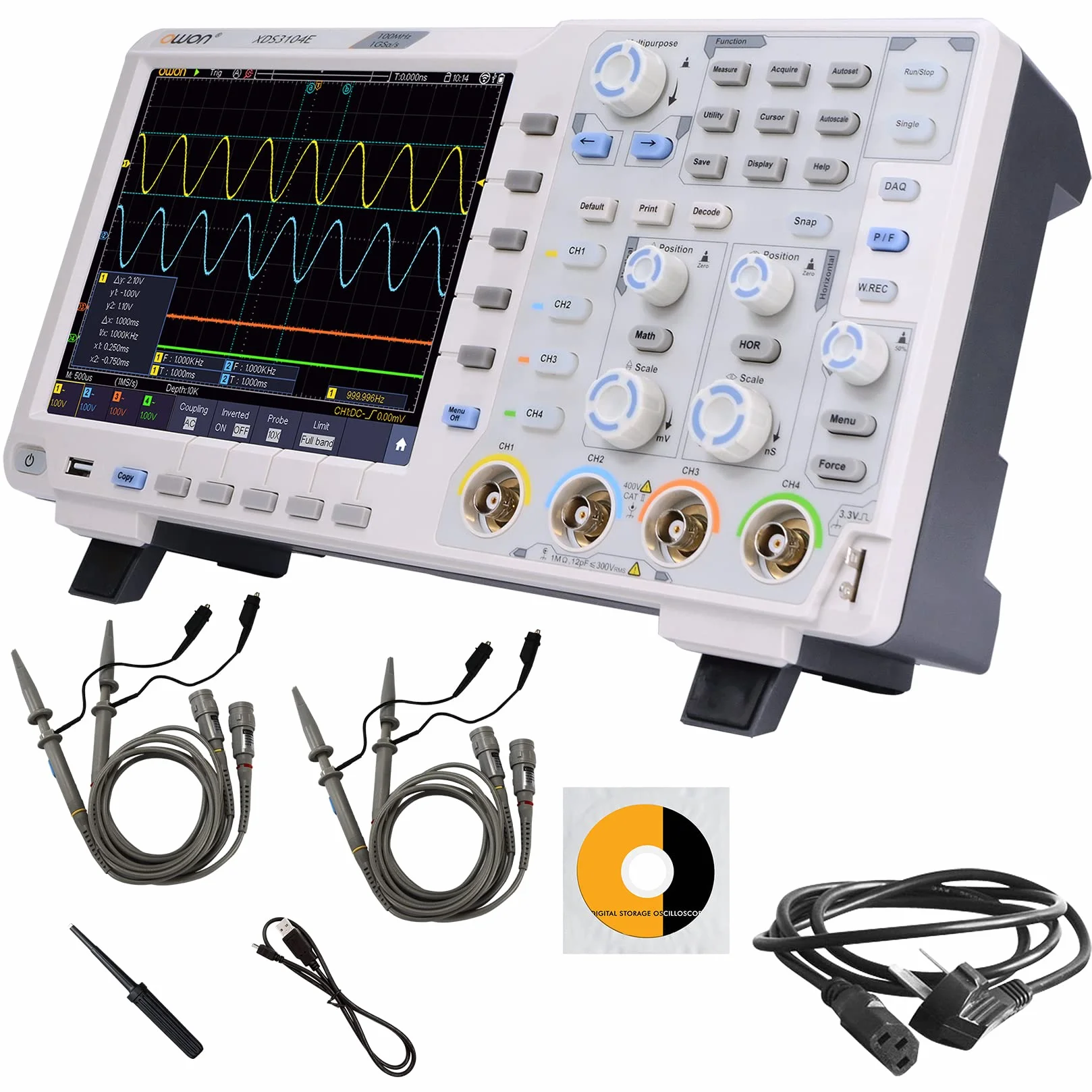OWON XDS3104E oscyloskop LCD o wysokiej rozdzielczości 8" ekran dotykowy, przepustowość 100 MHz i częstotliwość próbkowania 1GS/s częstotliwość odświeżania 45 000 wfms/s przebieg odświeżania z 4CH DSO