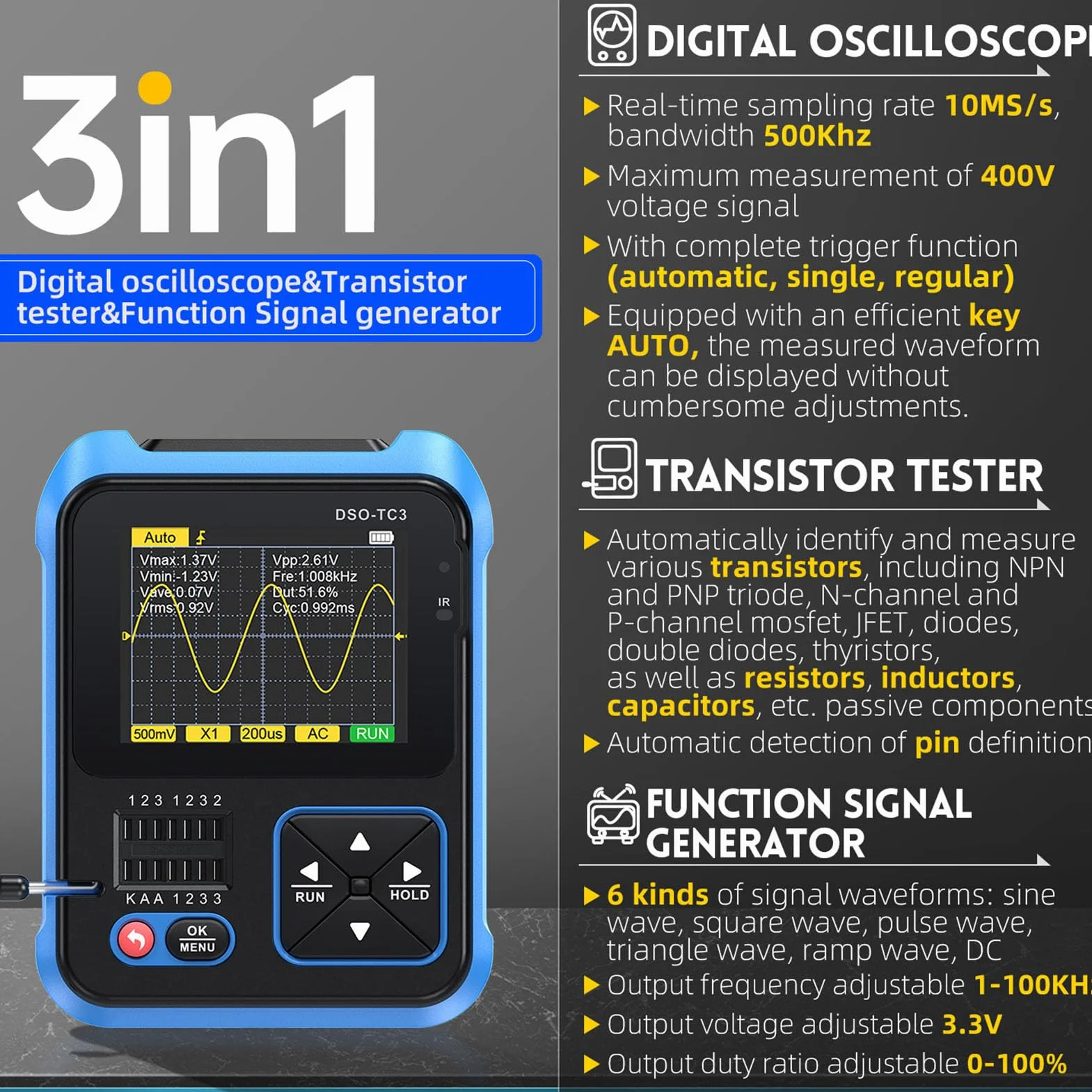 Ręczny Cyfrowy Tester Tranzystorowy 3 w 1 Oscyloskop Checker Tester 2.4 Cal TFT Kolorowy Ekran indukcyjność pojemność Miernik Rezystancji (Wysoka konfiguracja)