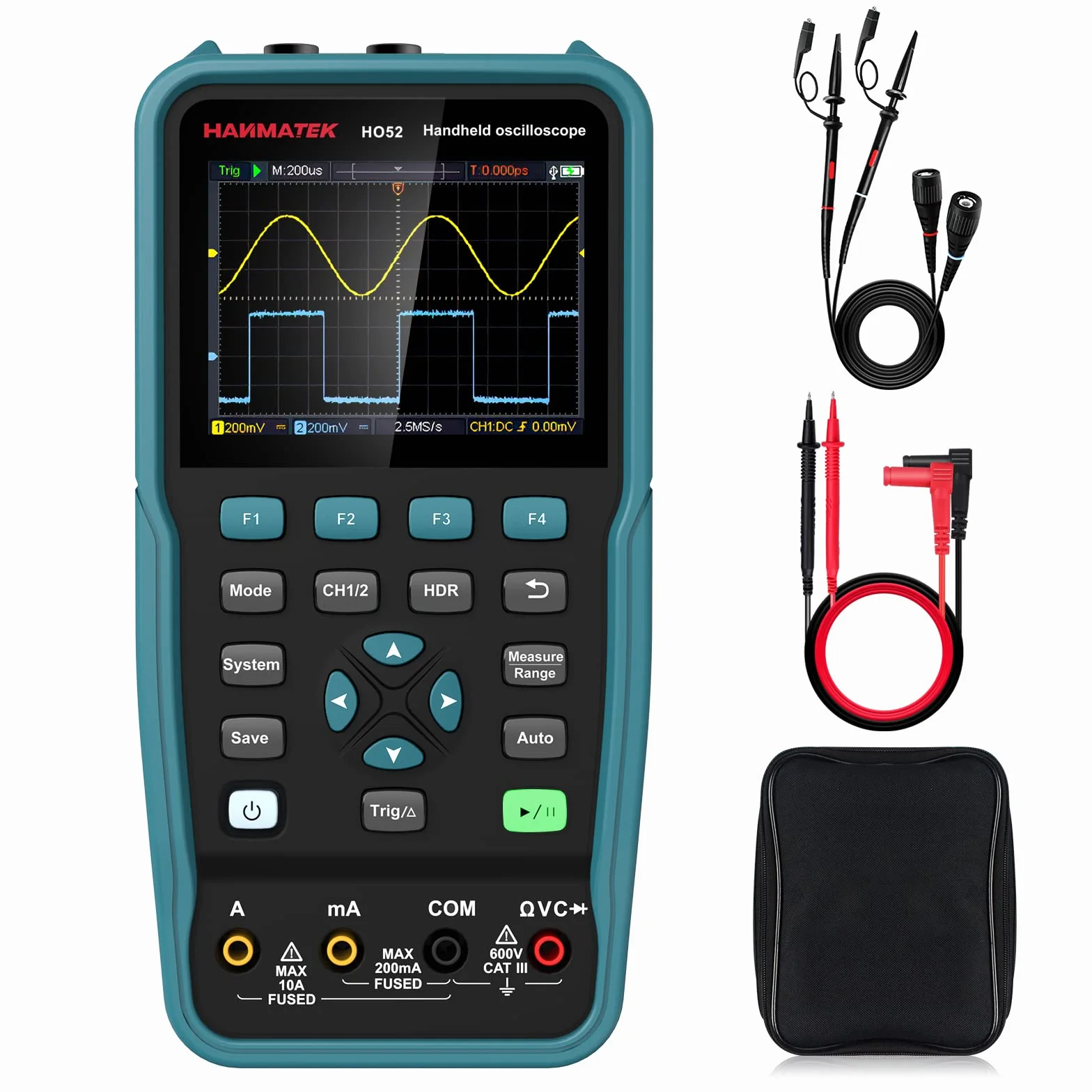 Hanmatek oscyloskop cyfrowy, ręczny oscyloskop cyfrowy HO52, szerokość pasma 50 MHz, 2-kanałowy oscyloskop 2 w 1 i multimetr mini oscyloskop