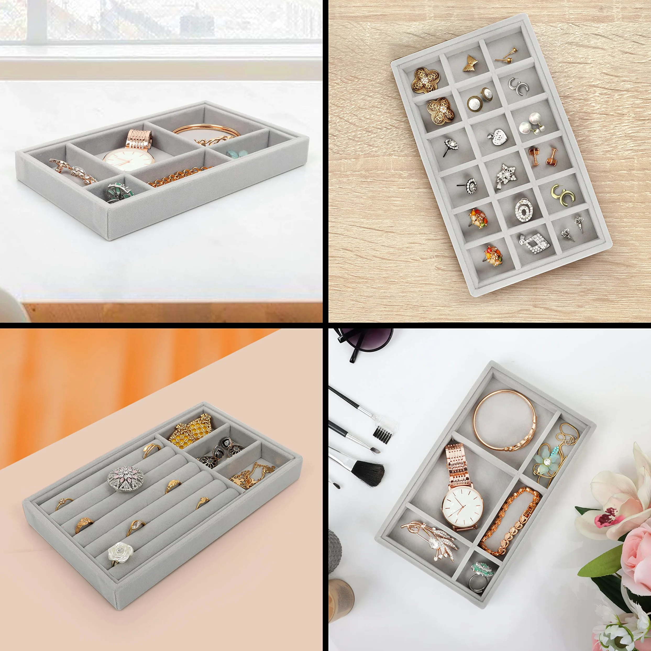 Belle Vous Szary aksamitny skórzany organizer na biżuterię, tacki do przechowywania (9 sztuk) - 12,3 x 21 cm - pudełka ekspozycyjne do szuflad komody na naszyjniki, pierścionki, bransoletki i kolczyki