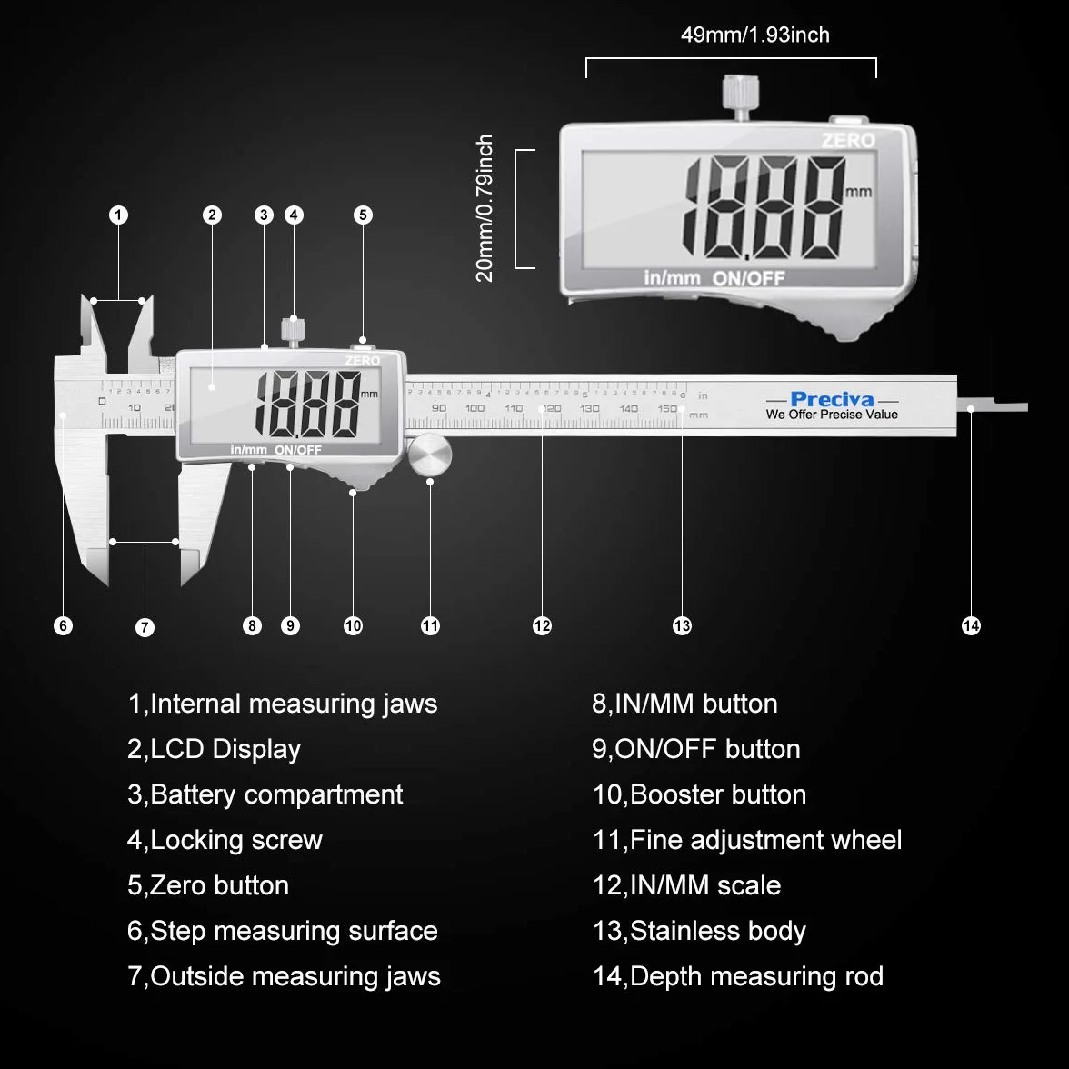 Preciva FRDM730002 Suwmiarka Cyfrowa ze Stali Nierdzewnej z Wyświetlaczem, 150 mm