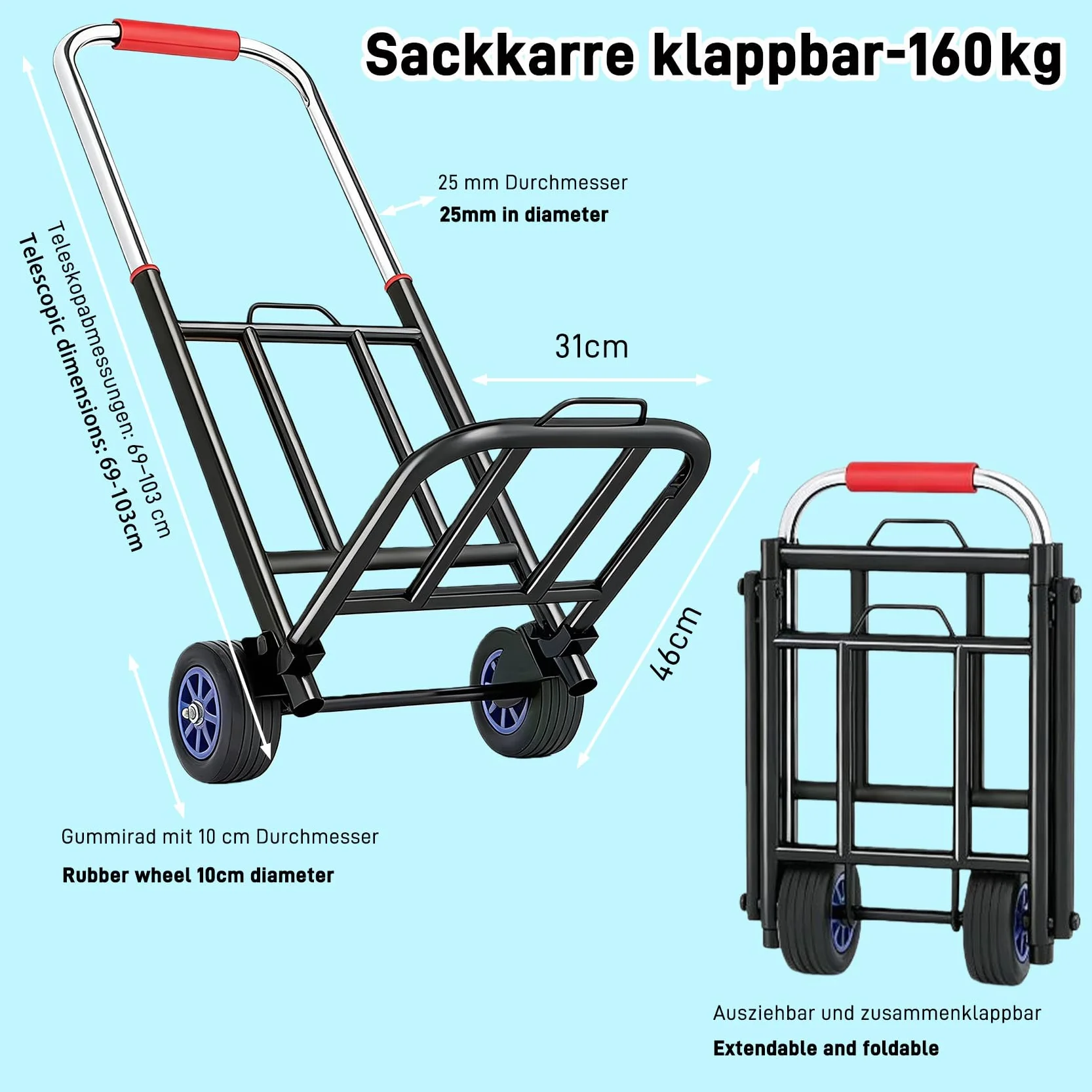 Składany wózek transportowy z nierdzewnej stali & z regulacją wysokości (69-103 cm) – wózek transportowy o udźwigu 80 kg i 10 cm cichych gumowych kół, stabilny i oszczędny pod względem przestrzeni dla