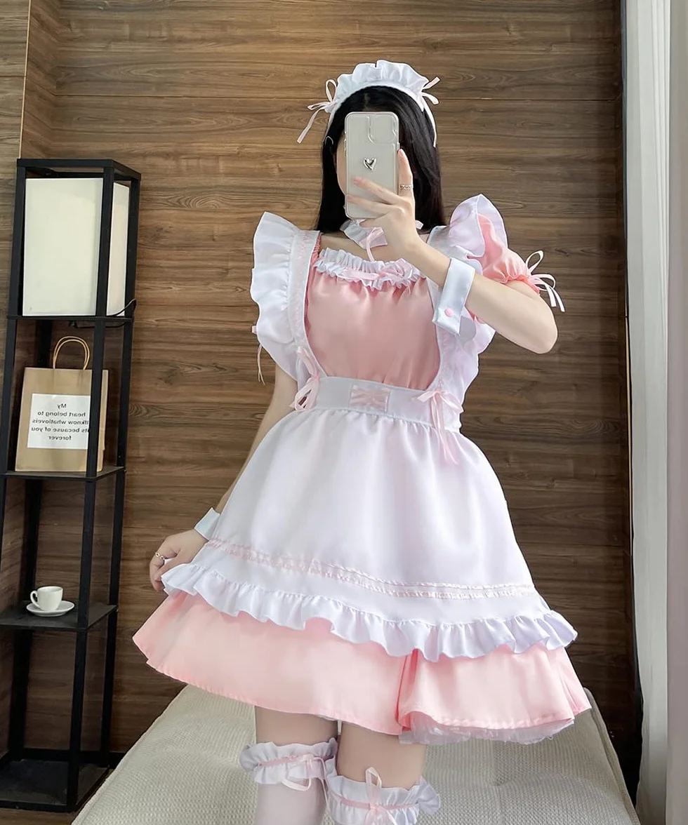 Anime French Maid Dress śliczna sukienka pokojówki Cosplay sukienka na Halloween, kostium pokojówki, zestaw, różowa, rozmiar L