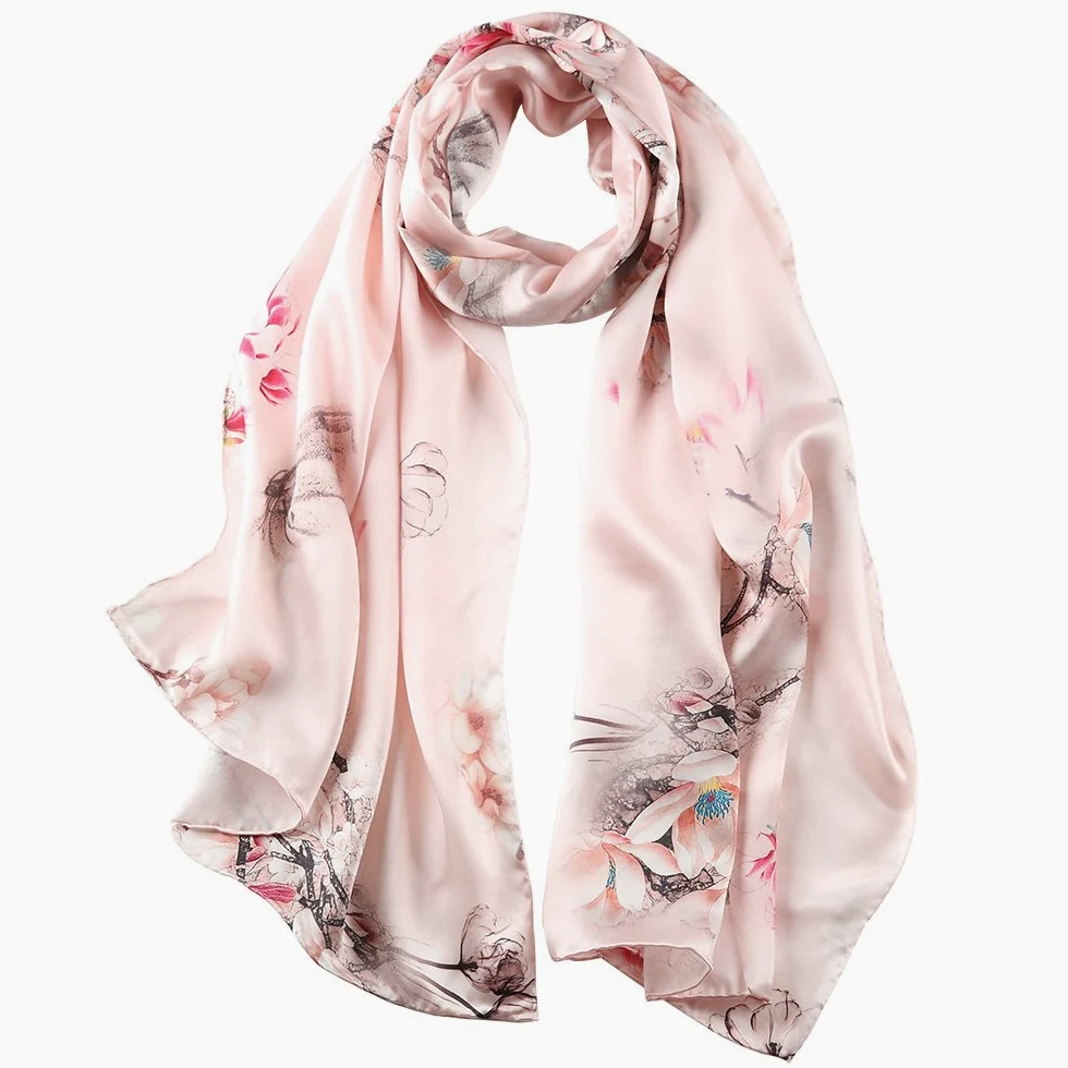 Jedwabny szal damski 100% jedwab, 20+ kolorowy, luksusowy szal, ciepły i miękki, jako chusta jedwabna apaszka Pashmina - 53 * 170 cm, Kwiaty 4