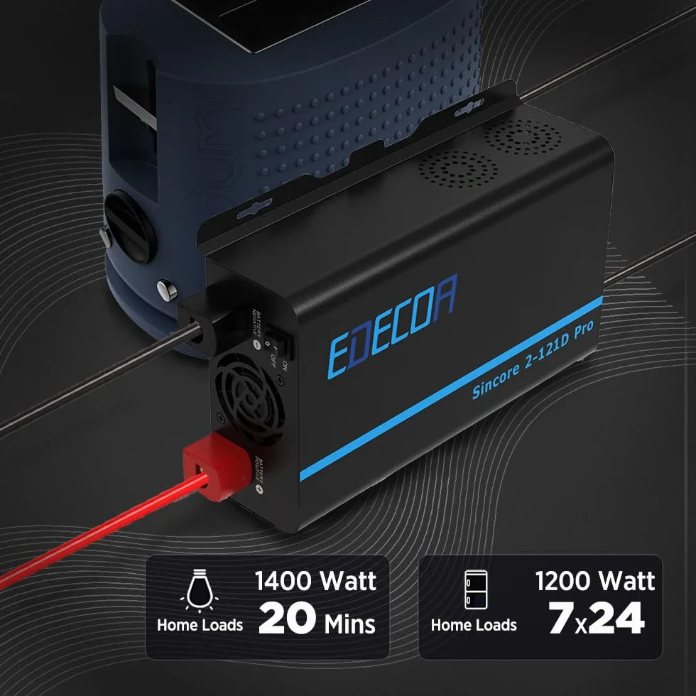 EDECOA Przetwornica 1200W/2400W 12V do 230V Czysty Sinus Falownik, Falownik Solarny 1200W 12v DC do 230v AC, Inwerter z Pilotem LCD, Dostępne Interfejsy USB i Typu C