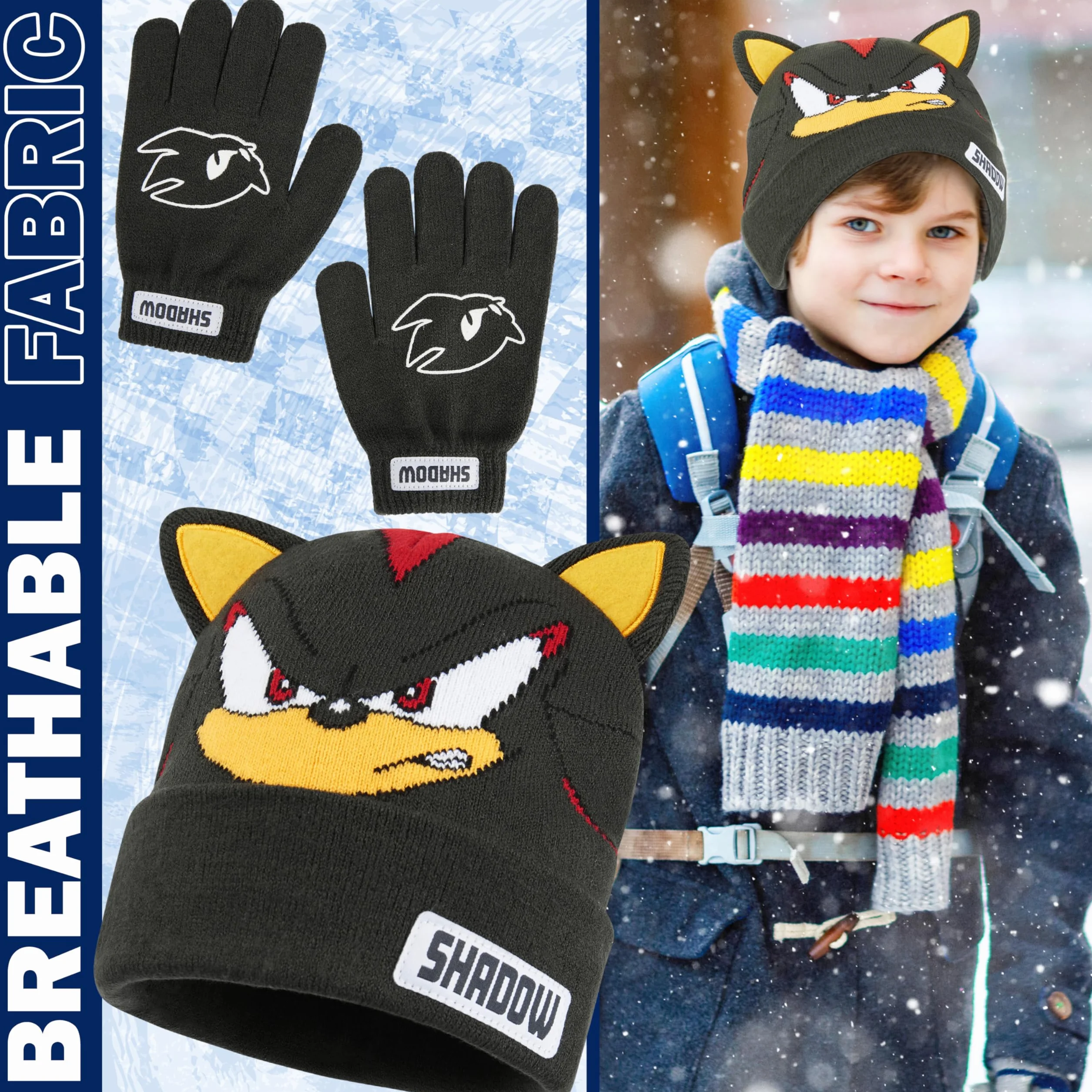SONIC THE HEDGEHOG Czapka beanie i zimowe rękawiczki zestaw dla chłopców w wieku 4-12 lat, ciepłe, przytulne dzianinowe akcesoria zimowe, prezenty dla chłopców