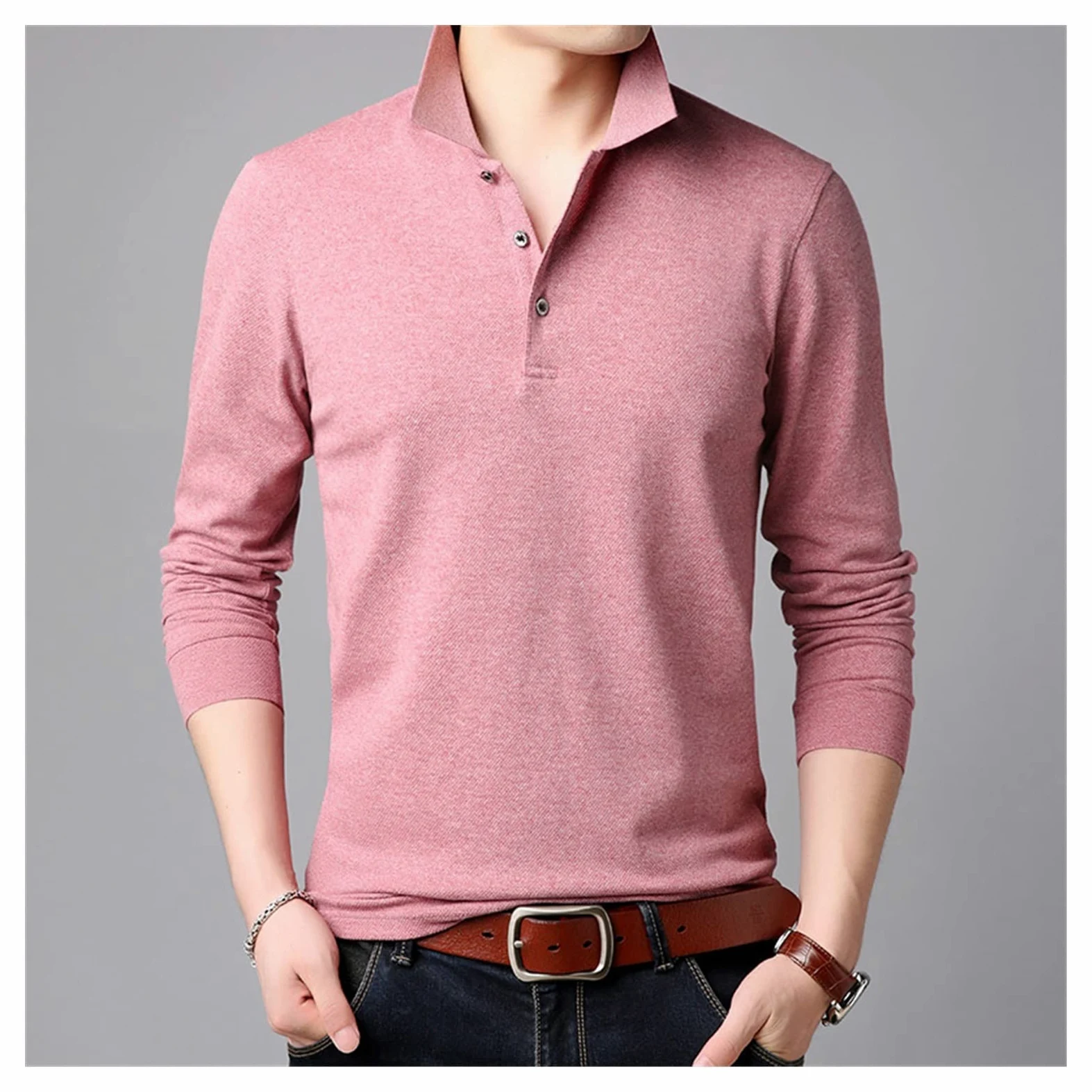 Koszula męska Jednokolorowa, z długim rękawem, slim fit, koreańska chłopięca koszulka polo, Casualowa odzież męska (kolor: A, rozmiar: kod M) (AL)