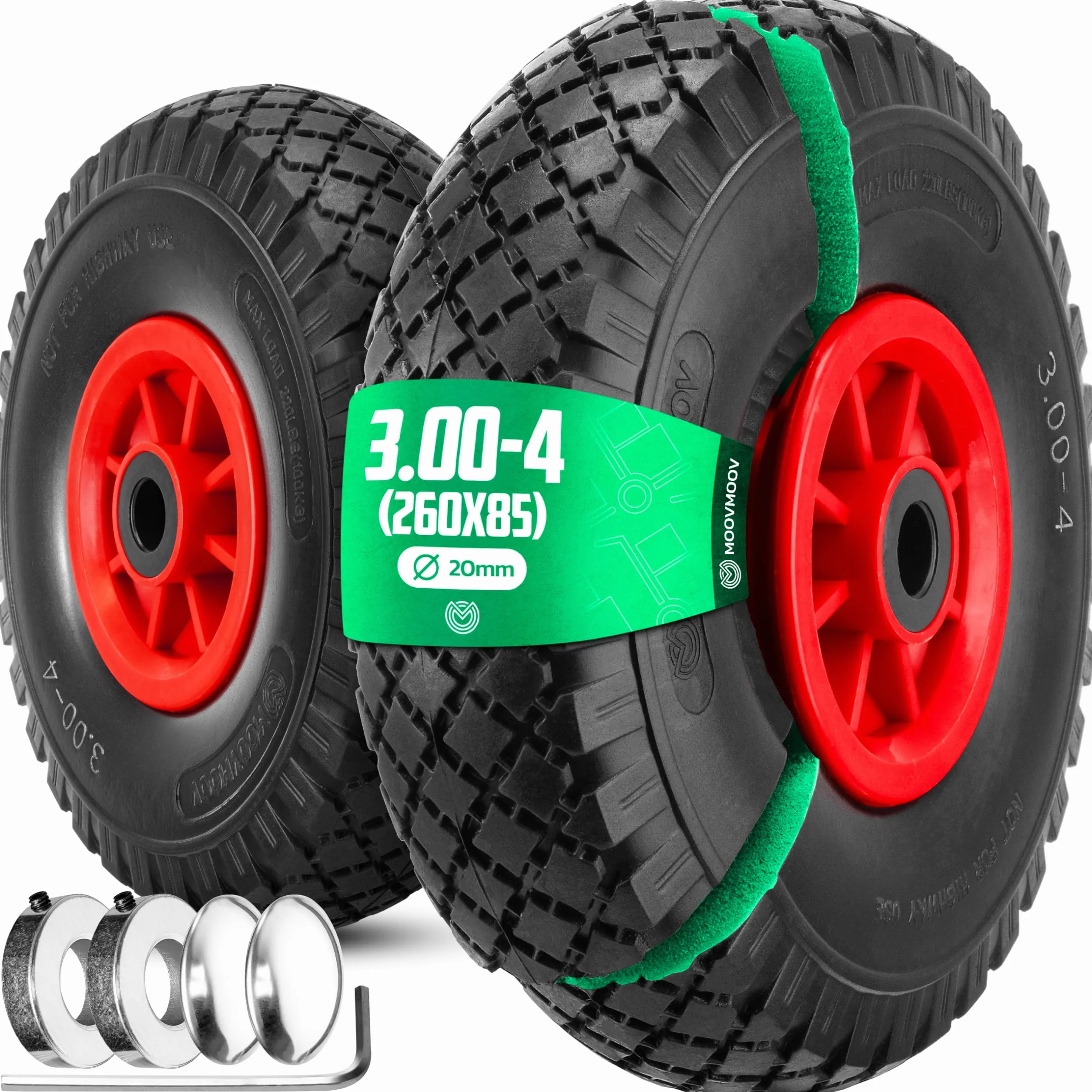 MOOVMOOV 2 x odporne na przebicie koła 3,00-4 (260 x 85 mm) - otwór 20 mm - do taczki, wózka i innych. Pełna opona z felgami PVC - w zestawie pierścienie mocujące z kluczem Allen + zatyczki