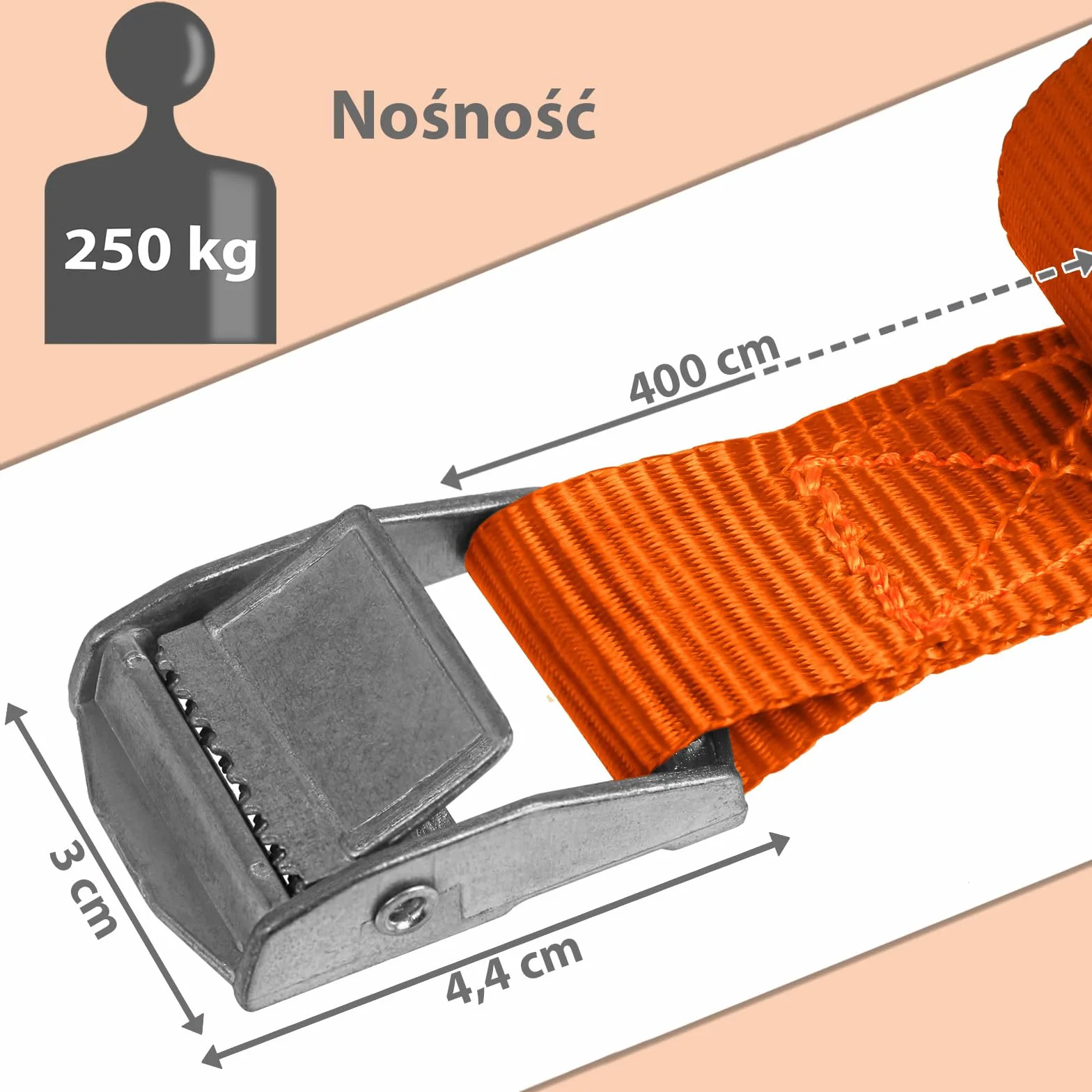 Pas mocujący pasy zabezpieczające spinające bagaż - nośność do 250 kg DIN EN 12195-2, 4 sztuki 2.5 cm x 4 m