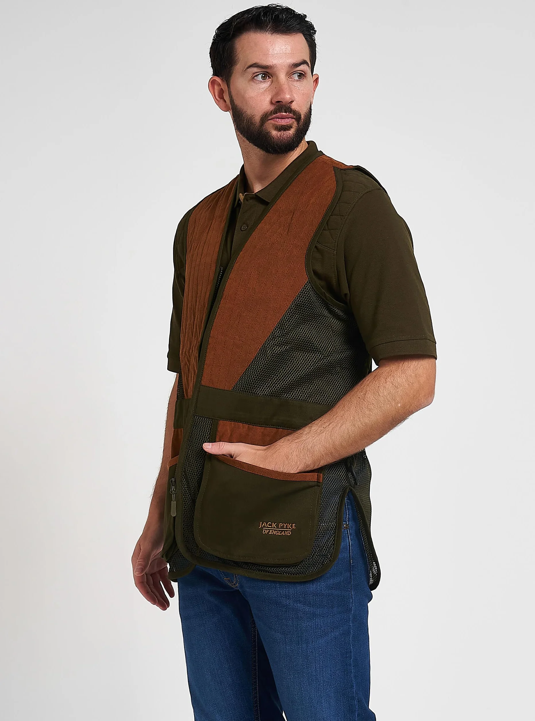 JACK PYKE Męska kamizelka Skeet – Clay Pigeon Shooting Vest z oddychającą siateczką, zamszowym wykończeniem i wieloma kieszeniami, lekka kurtka myśliwska, rozmiar S-3XL
