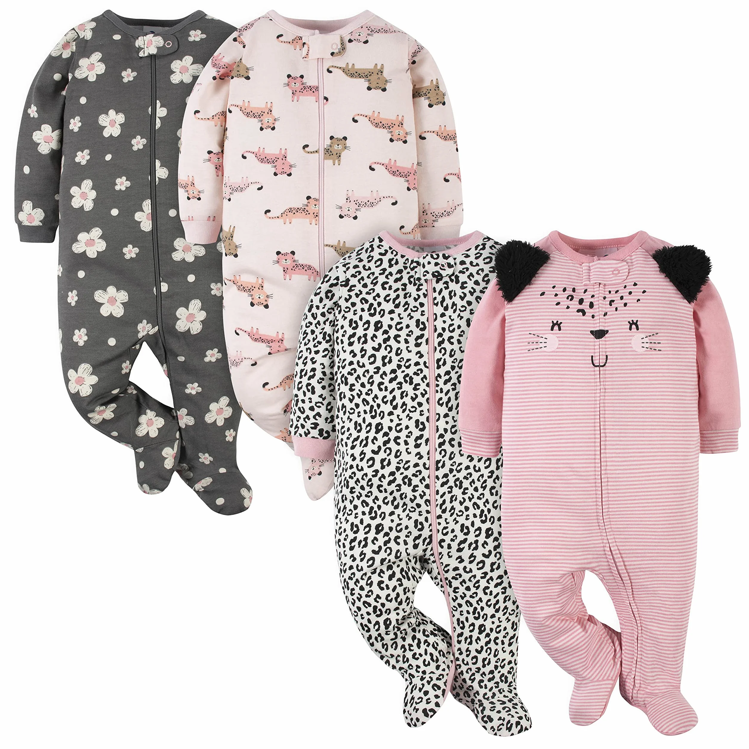 Gerber Sleep 'N Play Śpioszki dziecięce dla dziewczynek ze stópkami, 4-pak