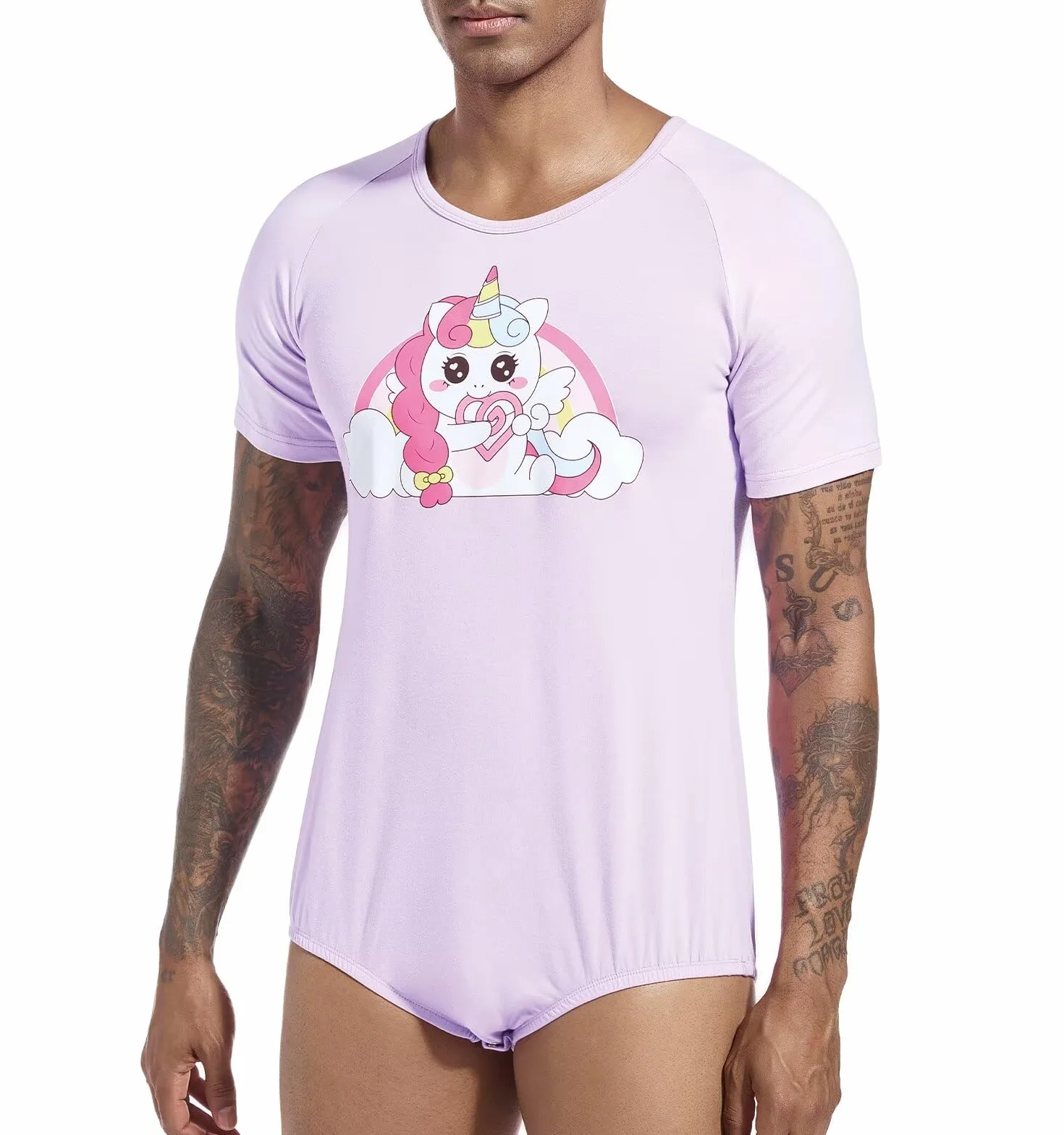 Landofgenie Onesie Piżama Męskie Bodysuit Dolne Krocze Top Koszula Raglan Rękawy Rompers dla Mężczyzn Fioletowe Piżamy z Nadrukiem Jednorożca