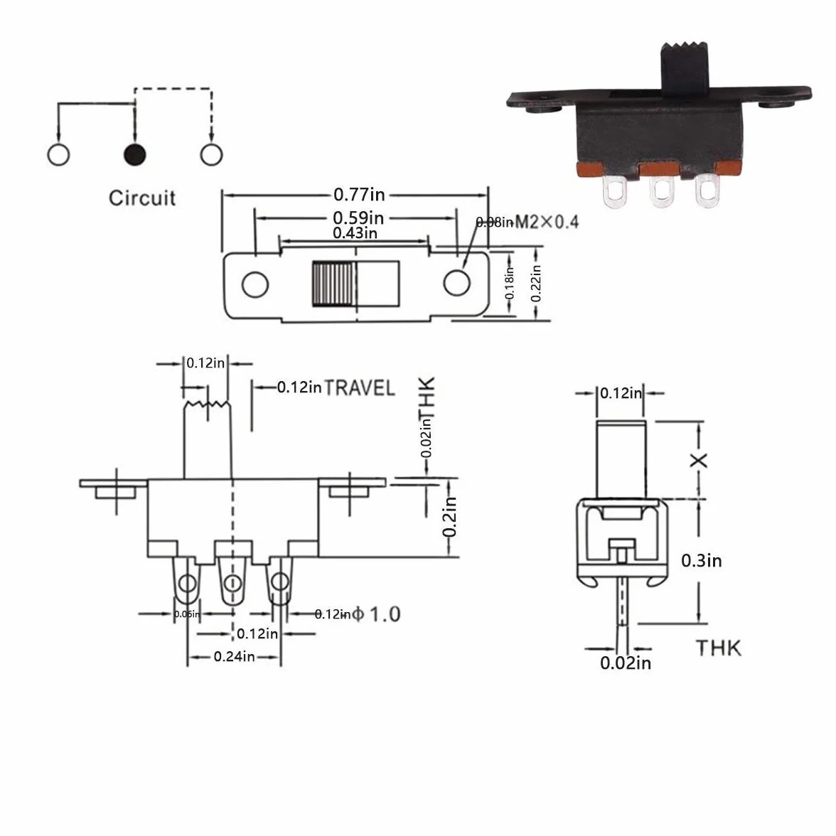 HUAYAO 180 sztuk mini przełączników suwakowych 3-pinowych 2 pozycje 0,5 A 50 V DC, SPDT
