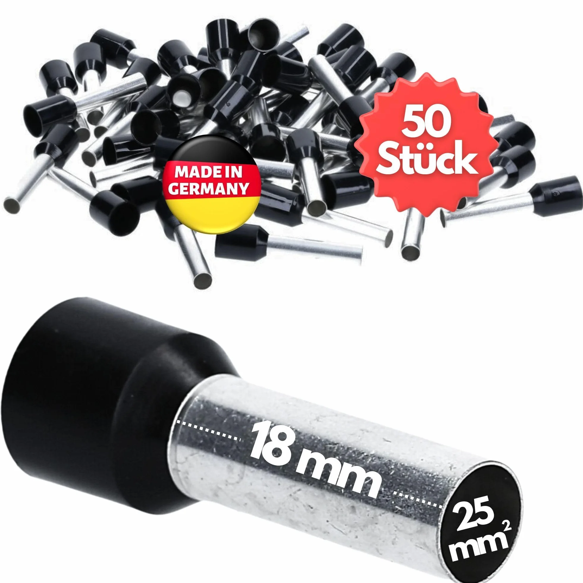 50 sztuk tulejek kablowych Kalitec AE2518SW izolowane 25 mm² 18 mm długości czarne I Made in Germany I jakość przemysłowa