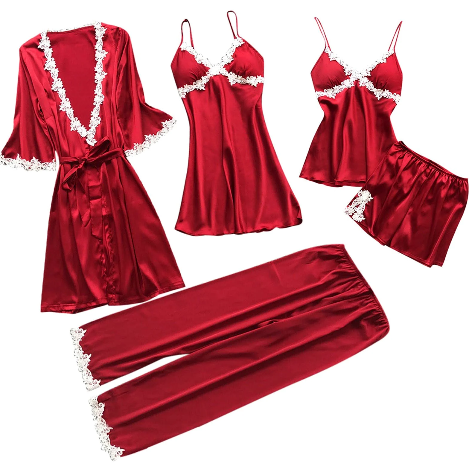 YZCIS Komplet bielizny damskiej Modny komplet piżam Camisole ze szlafrokiem Niegrzeczne stroje Piżamy? Szorty Bielizna Nocna Chemis Red