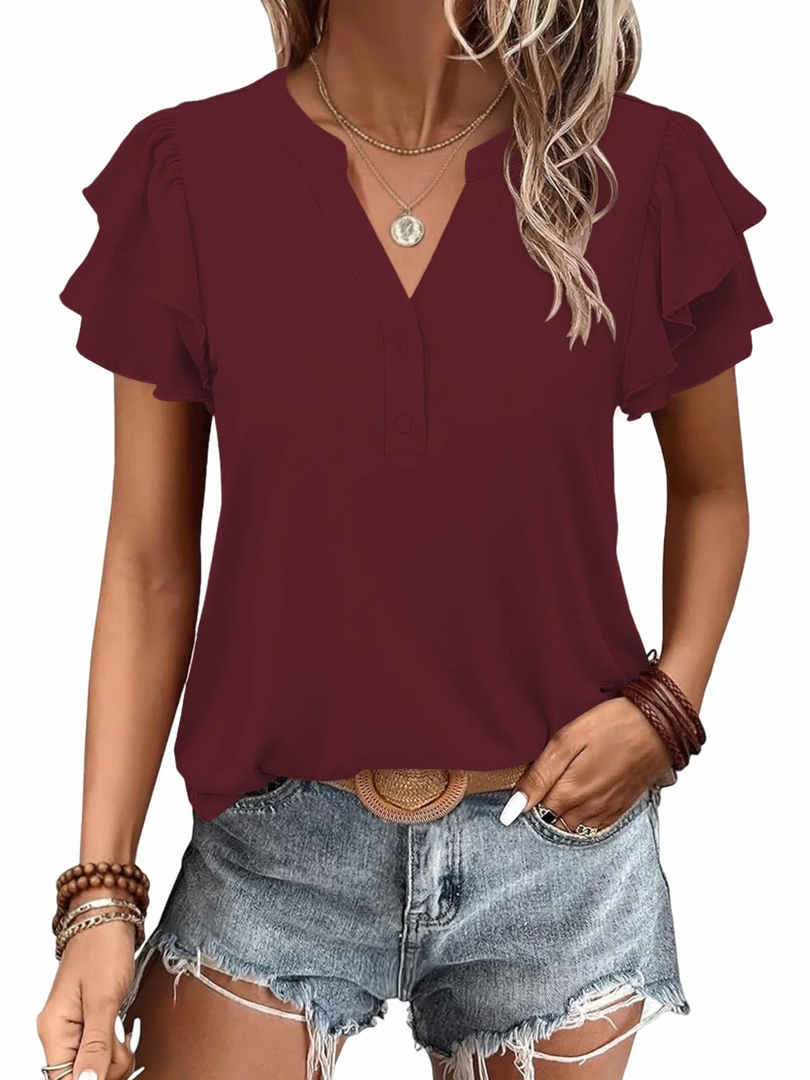 Cuptacc Koszulka damska Haut Femme Femme Chic Et Elegant T-Shirts à Manches Courtes Decontract Col V Top Couleur Unie Coupe Classique Comfort Shirt